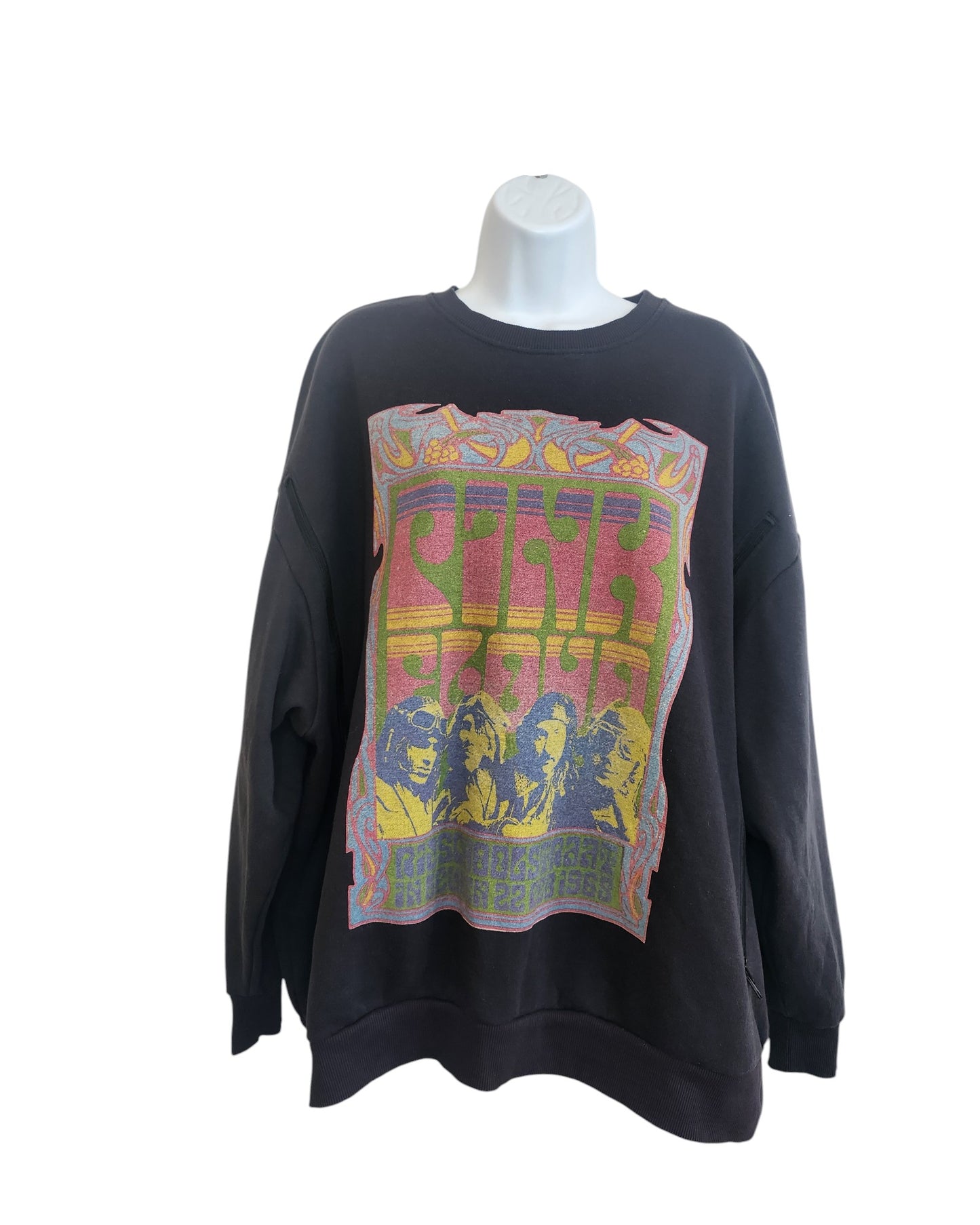 A dark grey upcycled Primark sweatshirt (UK12/14) is displayed on a mannequin, featuring a colorful Pink Floyd vintage-style graphic—ideal for breastfeeding or pumping and perfect for standout style.
