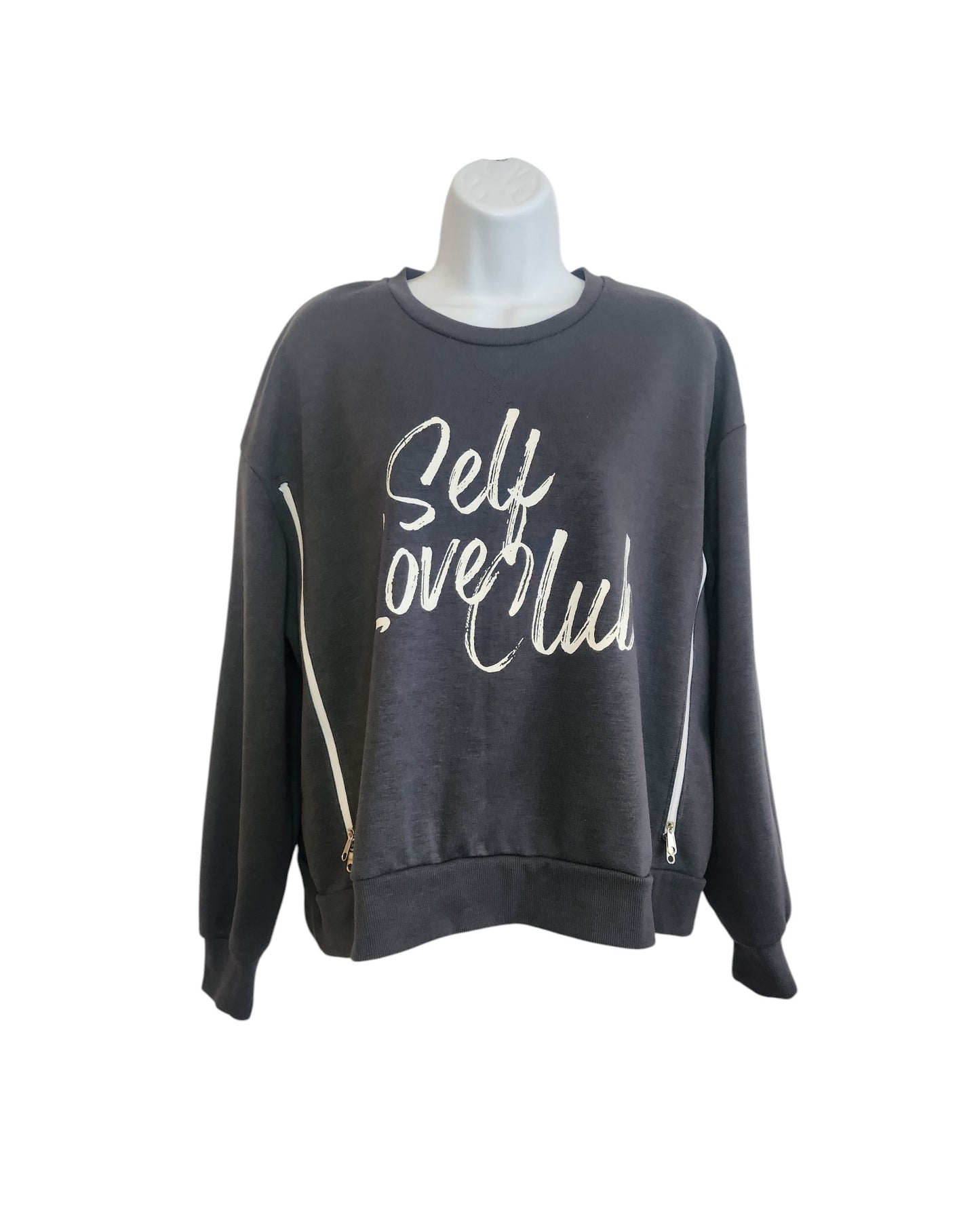 The Primark Upcycled Breastfeeding & Pumping Grey Self Love Club Sweatshirt (L, UK14/16) features “Self Love Club” in white script and zippered sides for stylish, practical nursing or pumping. Displayed on a plain white mannequin torso.