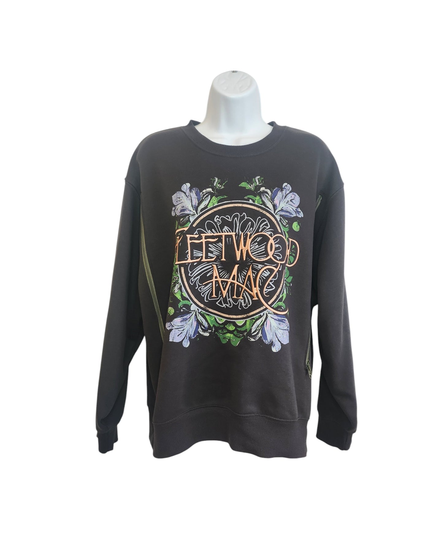 A grey upcycled Fleetwood Mac sweatshirt from Primark, size M, designed for breastfeeding and pumping with embroidered details, displayed on a white mannequin.