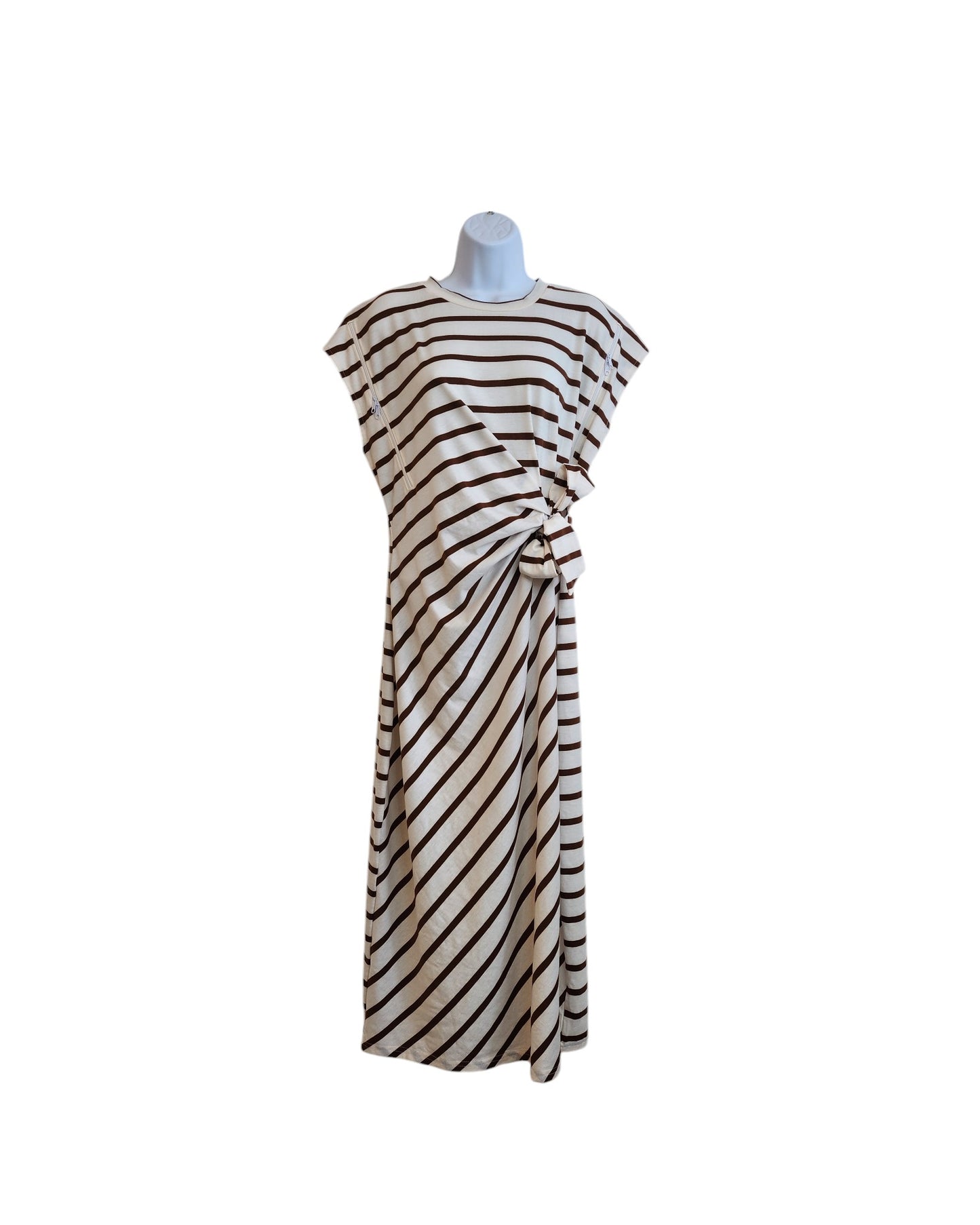 The TikTok Upcycled Breastfeeding & Pumping Cream/Brown Stripe t-shirt dress in XL is displayed—an eco-friendly, stylish preloved choice for nursing moms seeking both comfort and fashion.