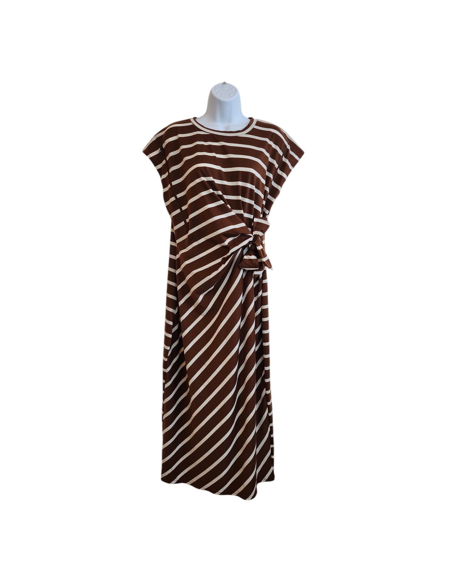 Upcycled TikTok Breastfeeding & Pumping Brown/Cream Stripe t-shirt dress, XL, with diagonal stripes and short sleeves—ideal for preloved clothing lovers seeking comfort and effortless style. Displayed on mannequin against white background.