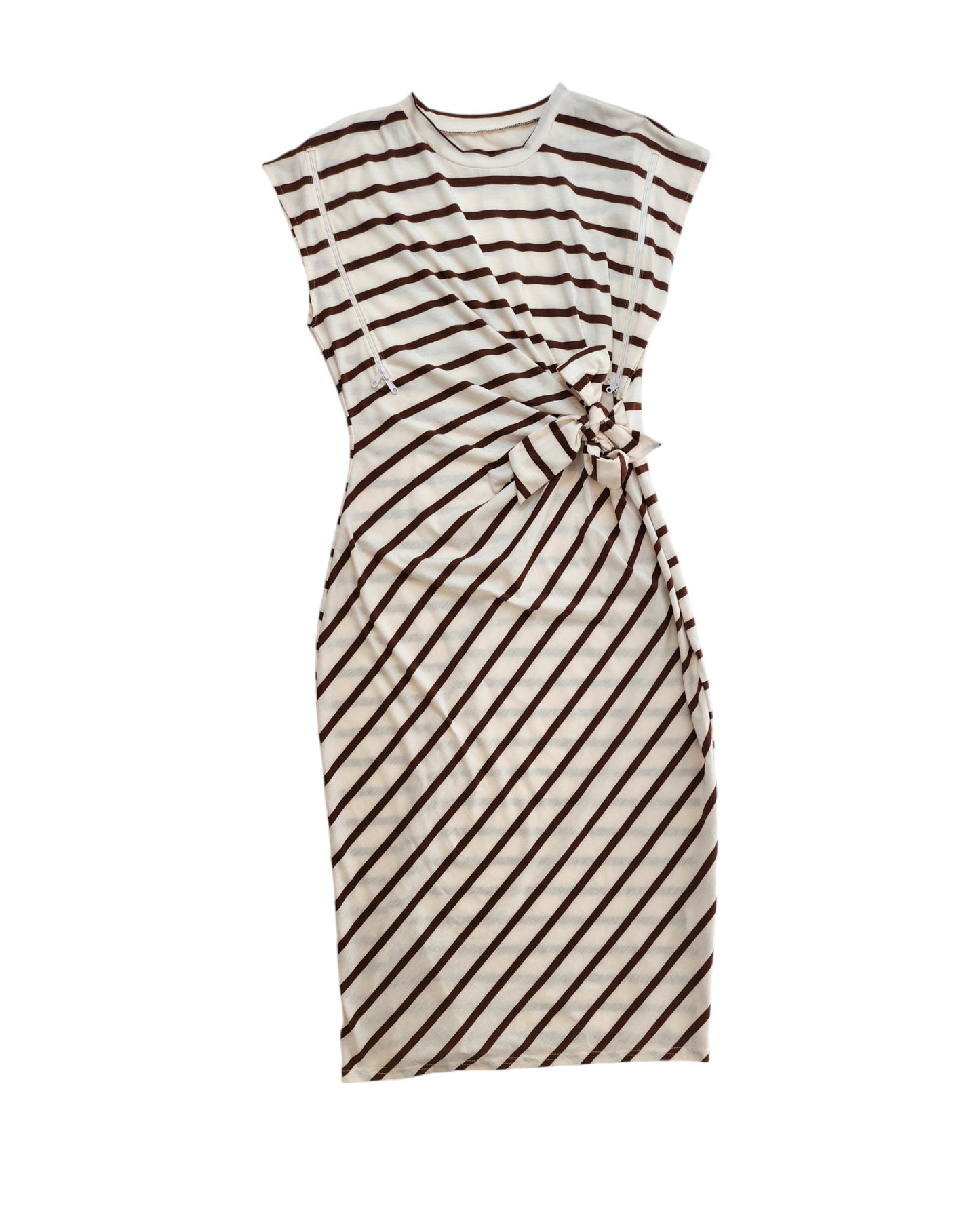 The TikTok Upcycled Breastfeeding & Pumping Cream/Brown Stripe t-shirt dress XL is a sustainable, knee-length option featuring short sleeves and a side knot detail, made from upcycled materials.
