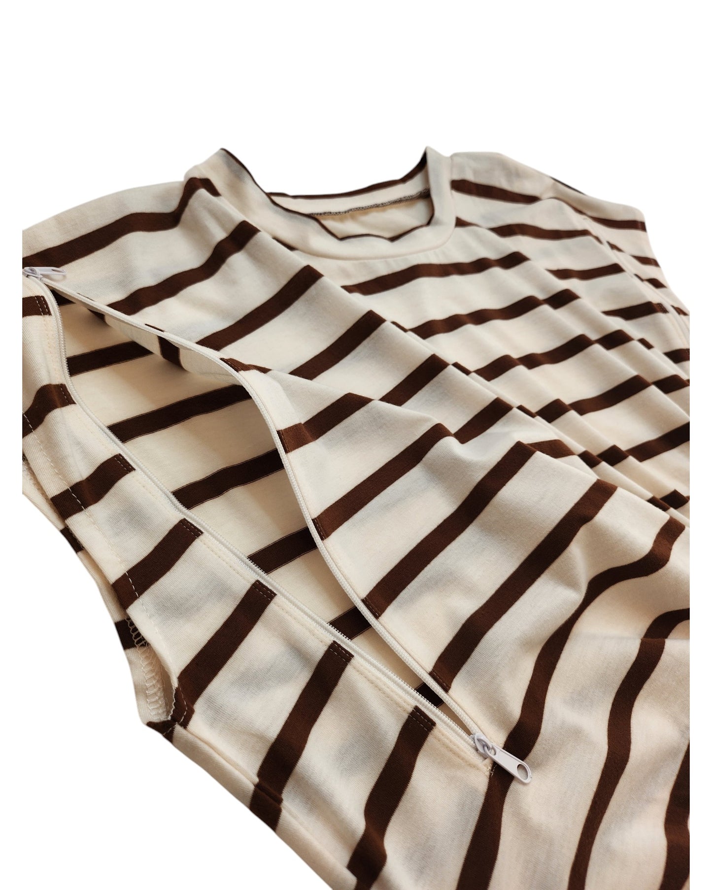 The Upcycled Breastfeeding & Pumping Cream/Brown Stripe t-shirt dress (XL) by TikTok features a discreet underarm zipper, ideal for stylish nursing. Shown laid flat on a white background.