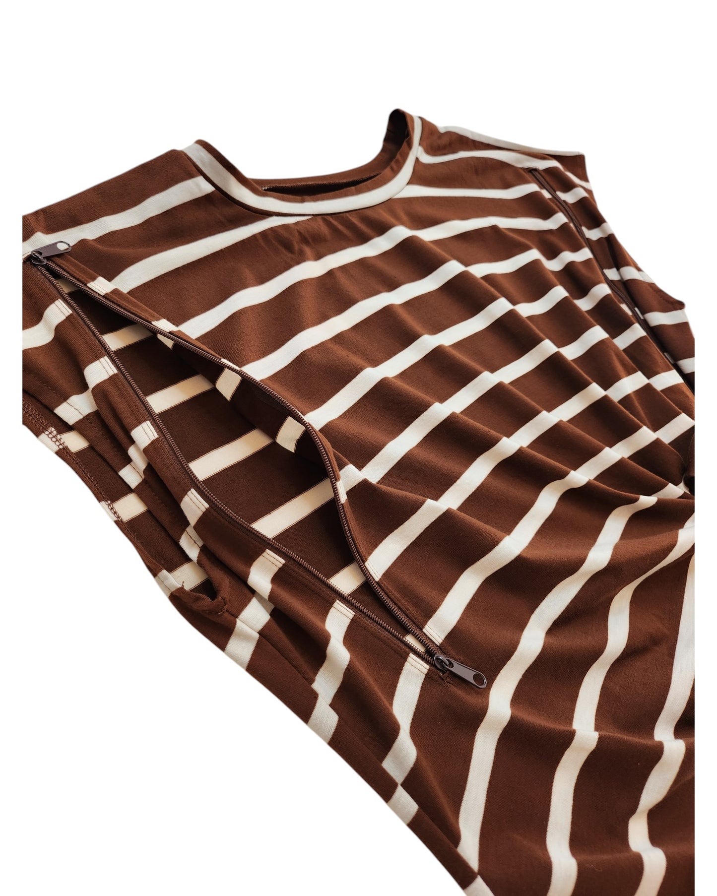 The TikTok Upcycled Breastfeeding & Pumping Brown/Cream Stripe T-shirt Dress (XL) features a visible zipper along the seam, crafted from upcycled clothing and displayed flat on a white background.