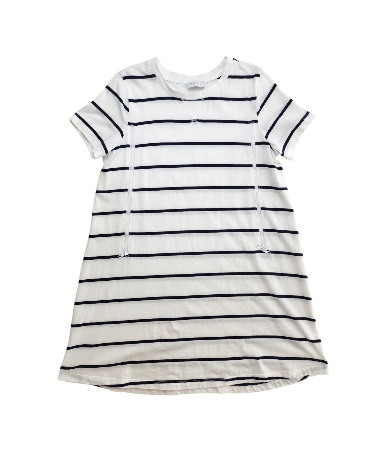 The Papaya Upcycled Breastfeeding & Pumping White/Navy Stripe t-shirt dress (UK14) features short sleeves, a round neck, and adjustable drawstrings at the waist. Crafted from eco-friendly materials, its displayed flat on a white background.