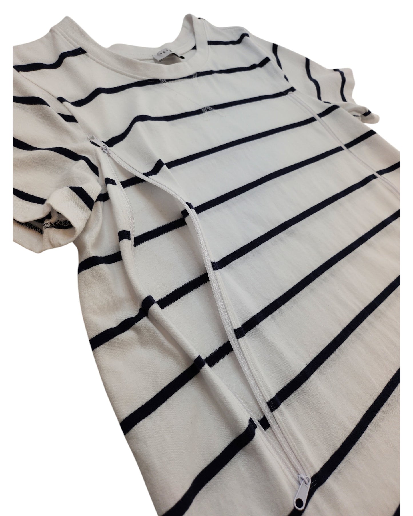 The Papaya Upcycled Breastfeeding & Pumping White/Navy Stripe t-shirt dress (UK14) features short sleeves, a discreet diagonal zipper for nursing, and is made from eco-friendly materials.