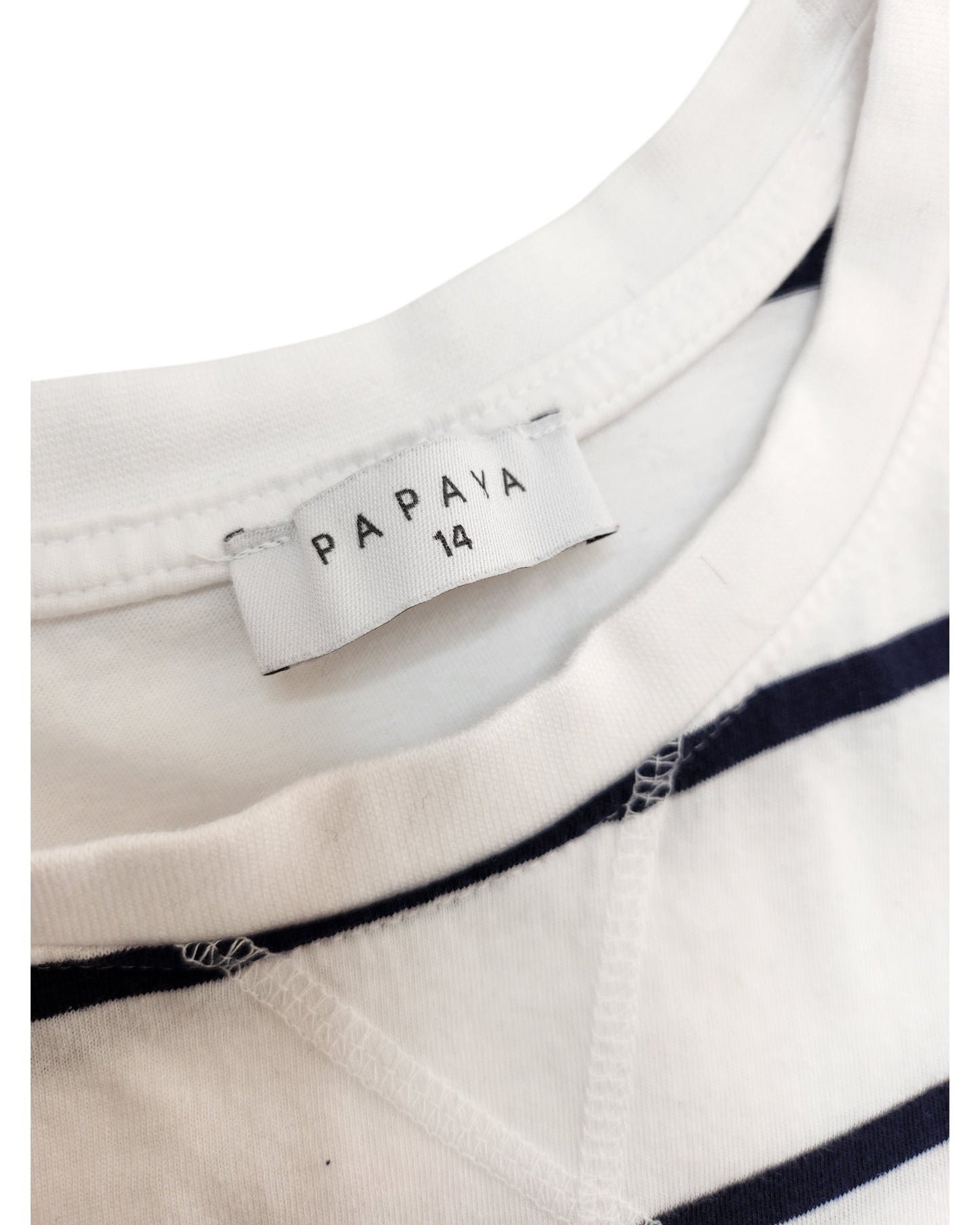 Close-up of a Papaya Upcycled Breastfeeding & Pumping White/Navy Stripe t-shirt dress (UK14), featuring a label sewn in the neckline—a chic example of eco-friendly, upcycled fashion.