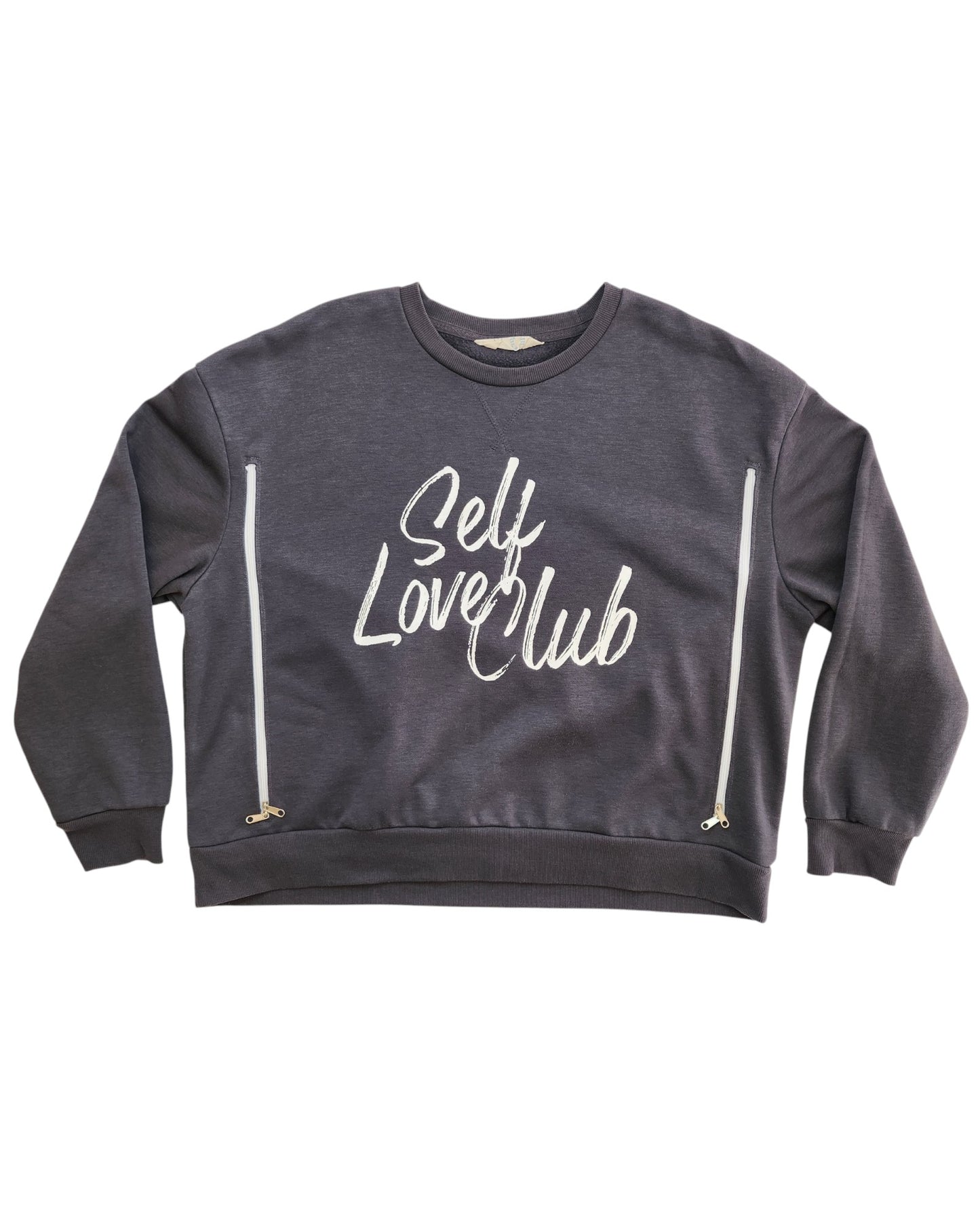 Primark Upcycled Breastfeeding & Pumping Grey Self Love Club Sweatshirt (L, UK14/16) features Self Love Club in white script, two vertical zip pockets, and offers a stylish preloved addition to your wardrobe.