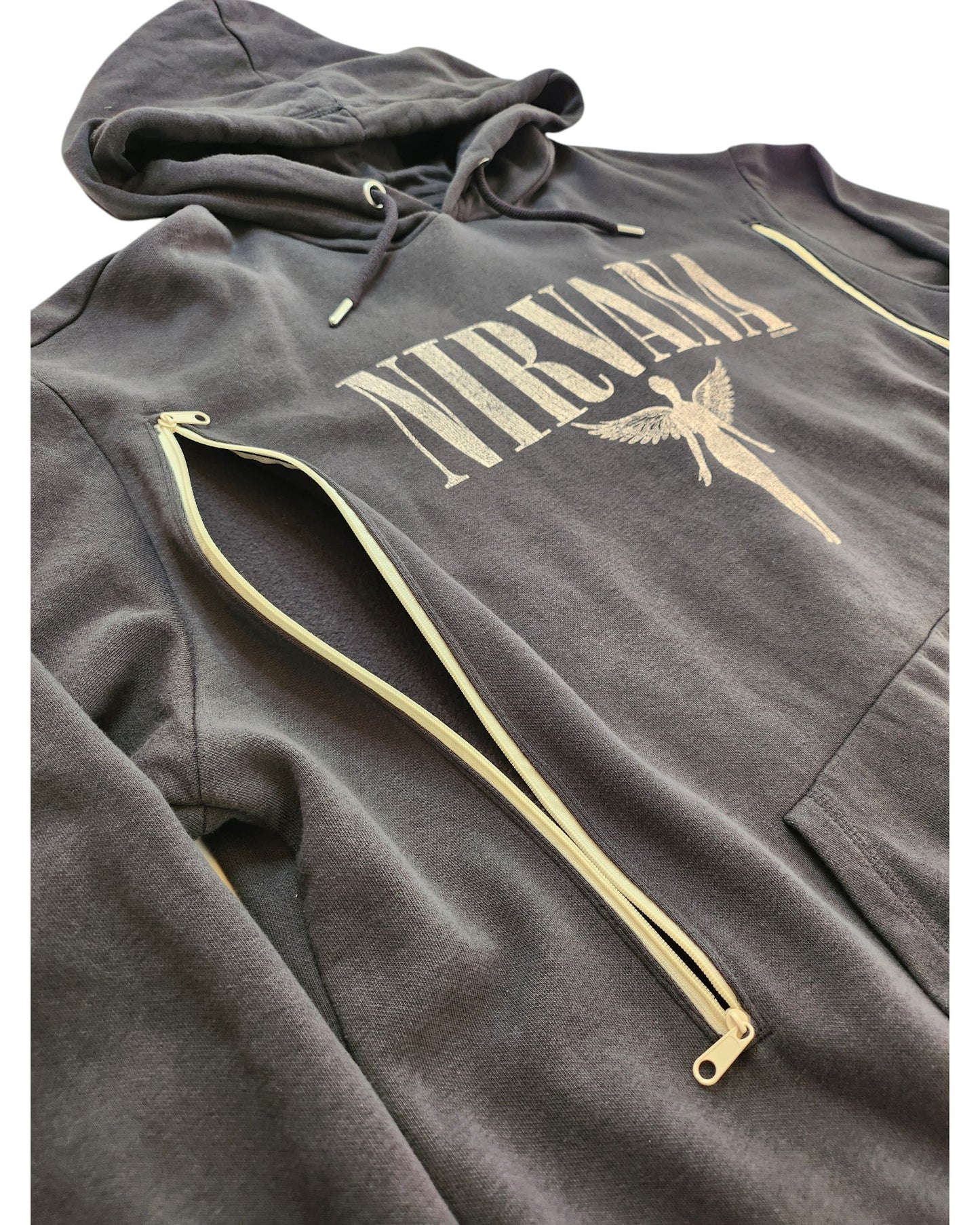The Upcycled Breastfeeding & Pumping Grey Nirvana Hoodie XL by H&M features unique diagonal chest zippers for nursing and pumping, plus a Nirvana angel graphic—a perfect preloved find for comfort and style.