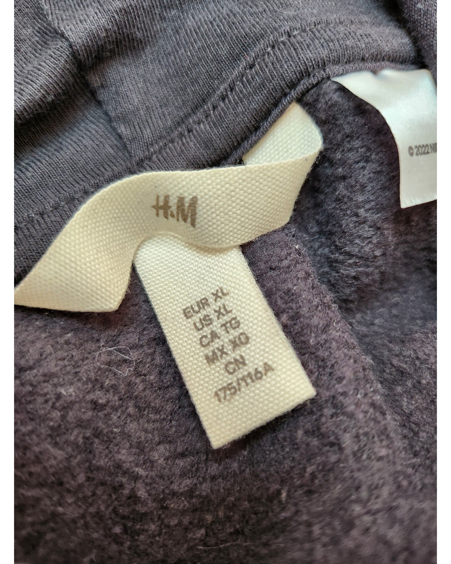 Close-up of a clothing tag inside a preloved H&M Upcycled Breastfeeding & Pumping Grey Nirvana Hoodie (XL), displaying sizing: EUR XL, US XL, CA TG, MX XG, CN 175/116A.