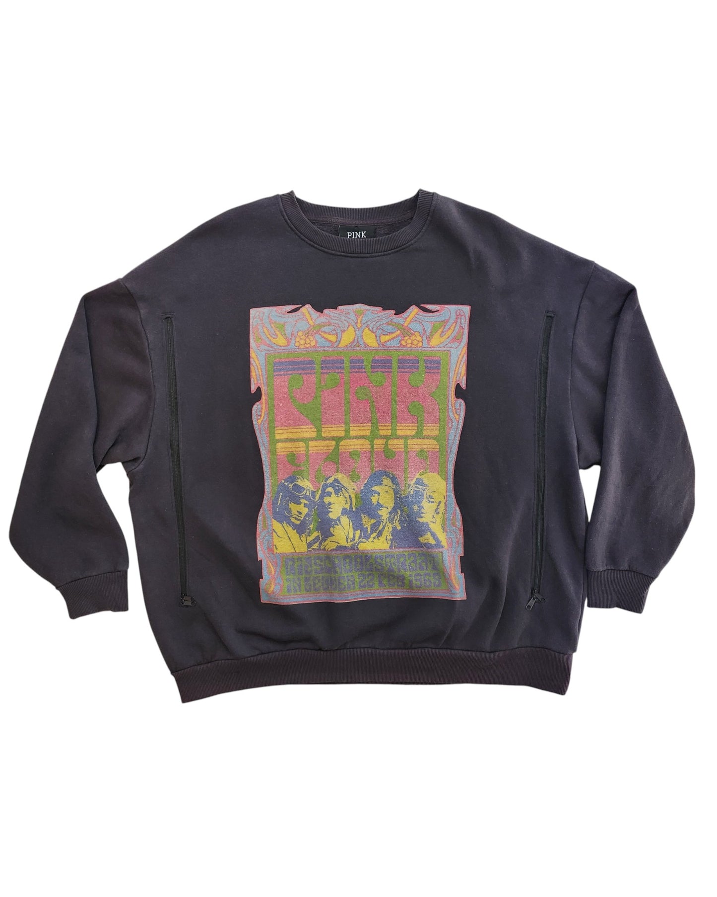 This upcycled dark grey Primark sweatshirt (size M, UK12/14) features a vintage-style Pink Floyd graphic—perfect for breastfeeding or pumping and a unique find in preloved fashion.