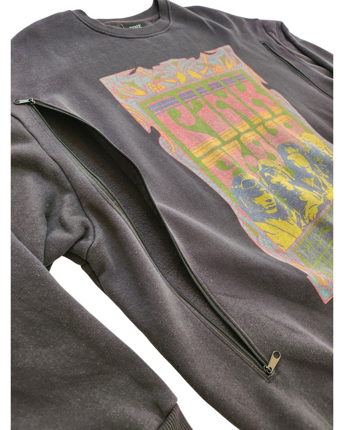 The Primark Upcycled Breastfeeding & Pumping Sweatshirt in dark grey (Pink Floyd design, UK12/14) features a colorful front graphic and a diagonal zipper on the left for easy nursing access.