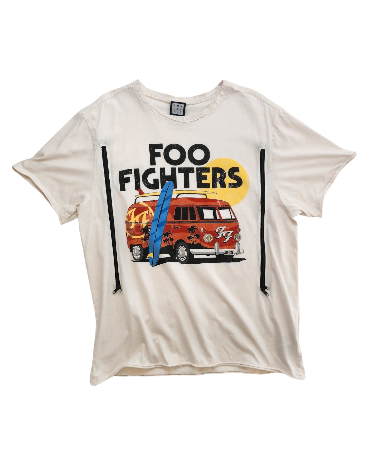 Off-white Amplified Upcycled Breastfeeding & Pumping Foo Fighters t-shirt (XL), featuring a colorful graphic and FOO FIGHTERS text—a unique pick for nursing fans who love preloved style.