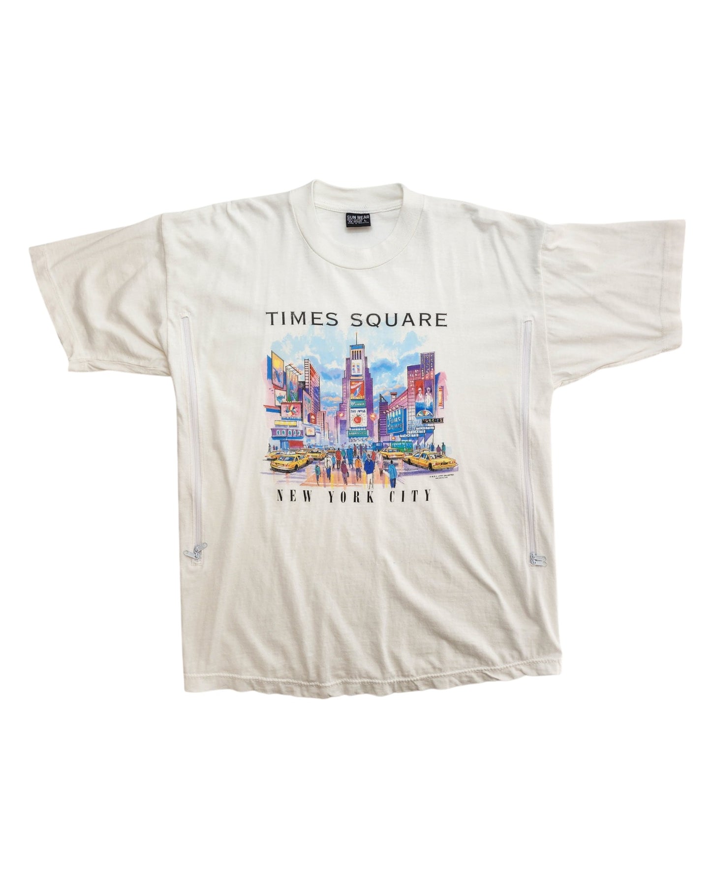 Show your love for NYC with the Sun Wear Upcycled Breastfeeding & Pumping Times Square t-shirt (L). This eco-friendly white tee features a vibrant Times Square scene with buildings, billboards, and yellow taxis, made from upcycled materials.