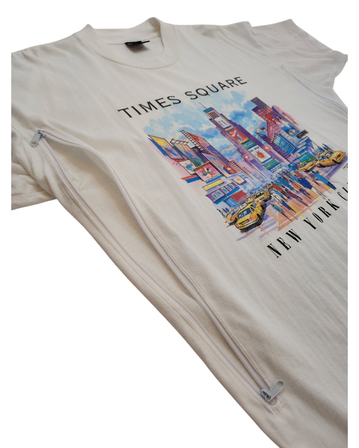 The Sun Wear Upcycled Breastfeeding & Pumping Times Square t-shirt L features a vibrant NYC graphic with yellow taxis, two diagonal zippers for easy access, and serves as stylish nursing wear.