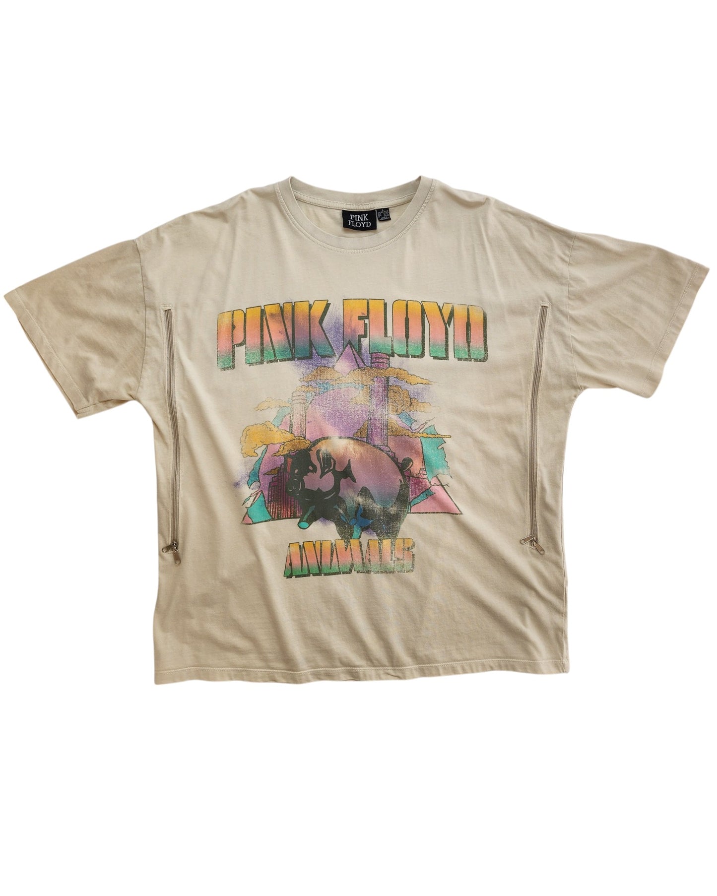 Affordable upcycled cream Pink Floyd t-shirt by Primark (UK14/16), perfect for breastfeeding and pumping, featuring pastel geometric shapes, a pig image, and bold stylized band name and album title on the front.