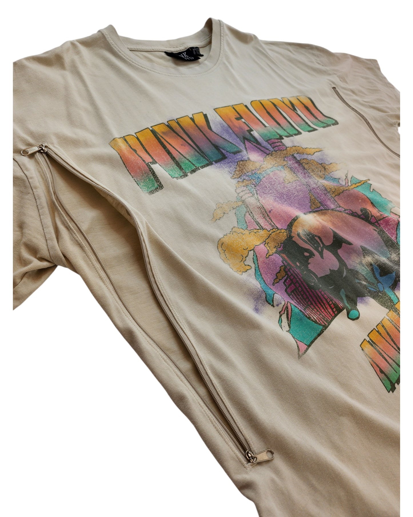 This upcycled Primark Cream Pink Floyd Band T-shirt (L, UK14/16) features colorful graphics and two diagonal zippers for easy breastfeeding or pumping—perfect for everyday wear.
