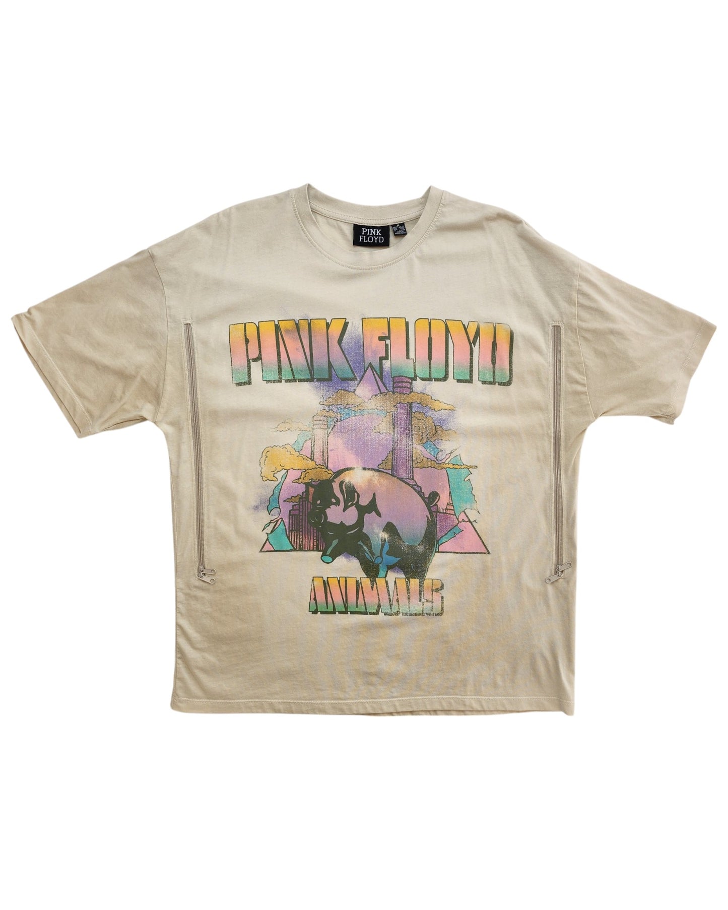 This upcycled Primark Breastfeeding & Pumping Cream Pink Floyd Band t-shirt (M, UK12/14) features a colorful graphic with PINK FLOYD ANIMALS, an illustrated pig, and industrial buildings—perfect for fans seeking stylish preloved clothing.