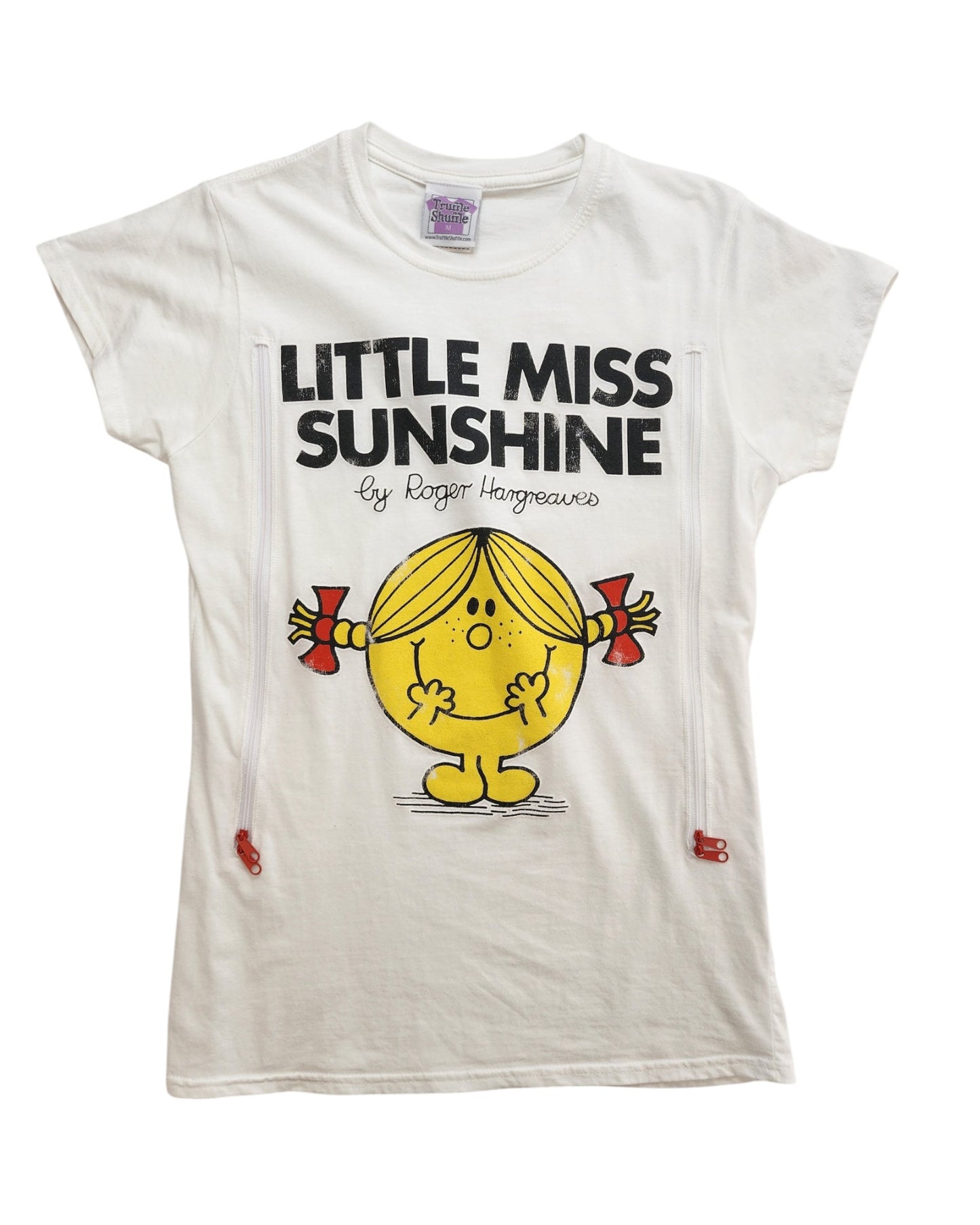 This upcycled Truffle Shuffle t-shirt (size M) features Little Miss Sunshine—perfect for stylish breastfeeding and pumping moms who love iconic, playful preloved fashion.