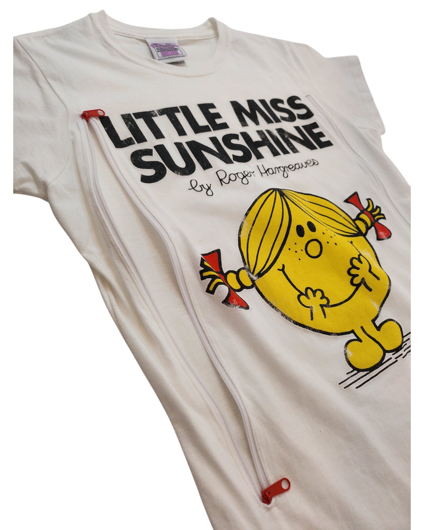The Truffle Shuffle Upcycled Breastfeeding & Pumping Little Miss Sunshine T-shirt (M) features a cartoon graphic, black text, red bow accents, and discreet diagonal zippers for nursing—perfect for stylish, functional upcycled fashion.