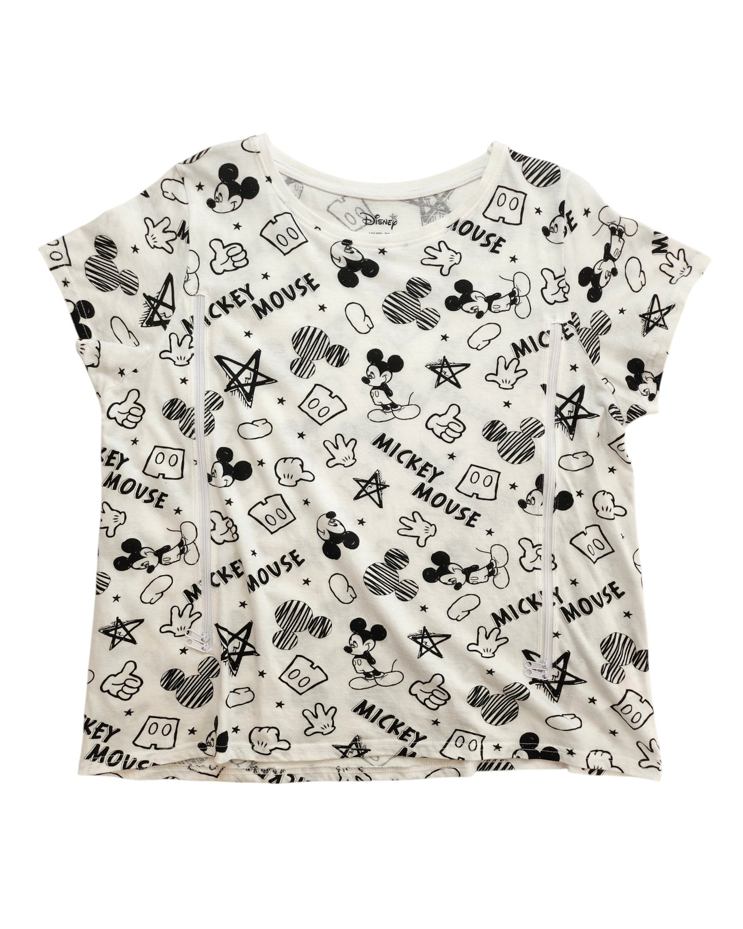 Primark Upcycled Breastfeeding & Pumping T-shirt UK20 features black and white Mickey Mouse doodles—heads, gloves, shoes, stars, and “Mickey Mouse” text—for a playful Disney touch. Fun preloved pick for nursing moms and fans.