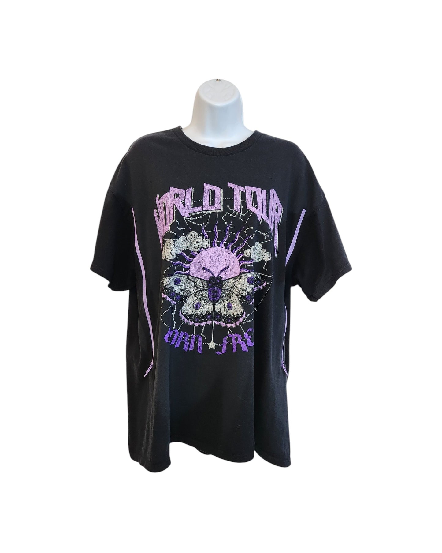 The In the Style Upcycled Breastfeeding & Pumping Black/Purple Butterfly t-shirt (UK14/16) features bold WORLD TOUR text, a large moth graphic with purple accents, and eco-friendly materials—shown on a white mannequin against a white background.