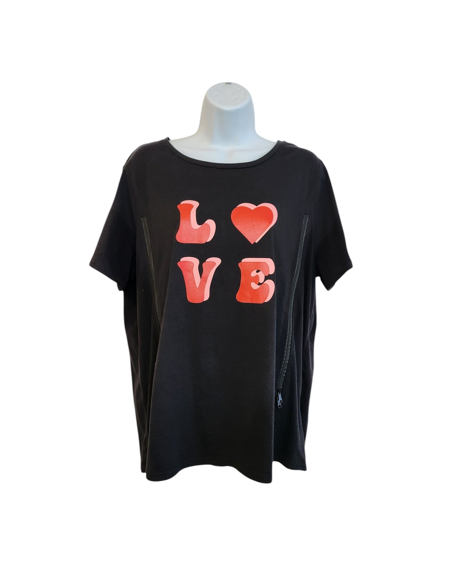A Simply Be upcycled black short-sleeve t-shirt (UK18) for breastfeeding & pumping, displayed on a mannequin with LOVE in bold red letters and a heart for the O—a great find for fans of preloved fashion.
