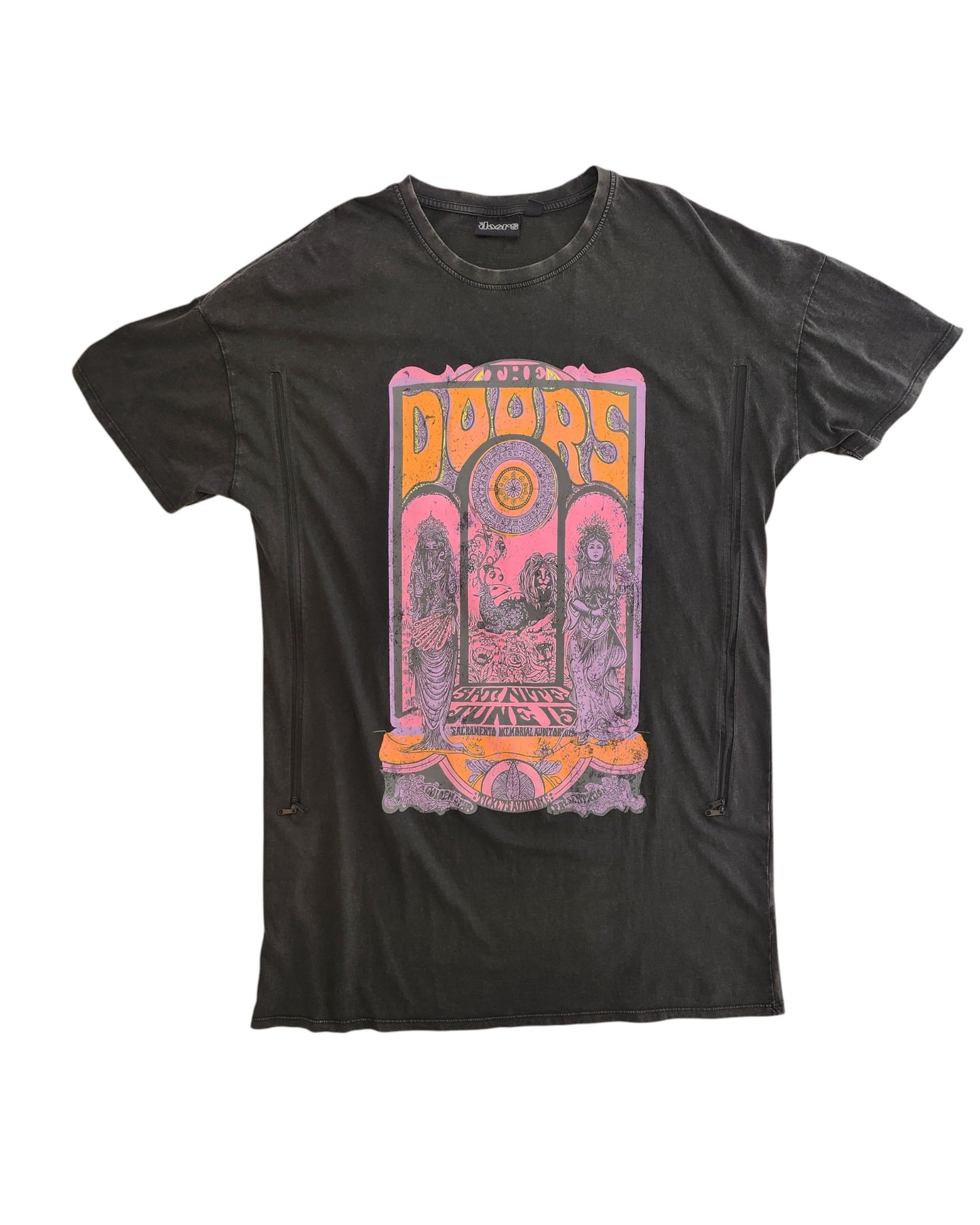 This upcycled Primark t-shirt dress (UK14/16) features a vintage-style design of The Doors in black with ornate orange, pink, and purple graphics—ideal for fans of preloved fashion and nursing or pumping convenience.