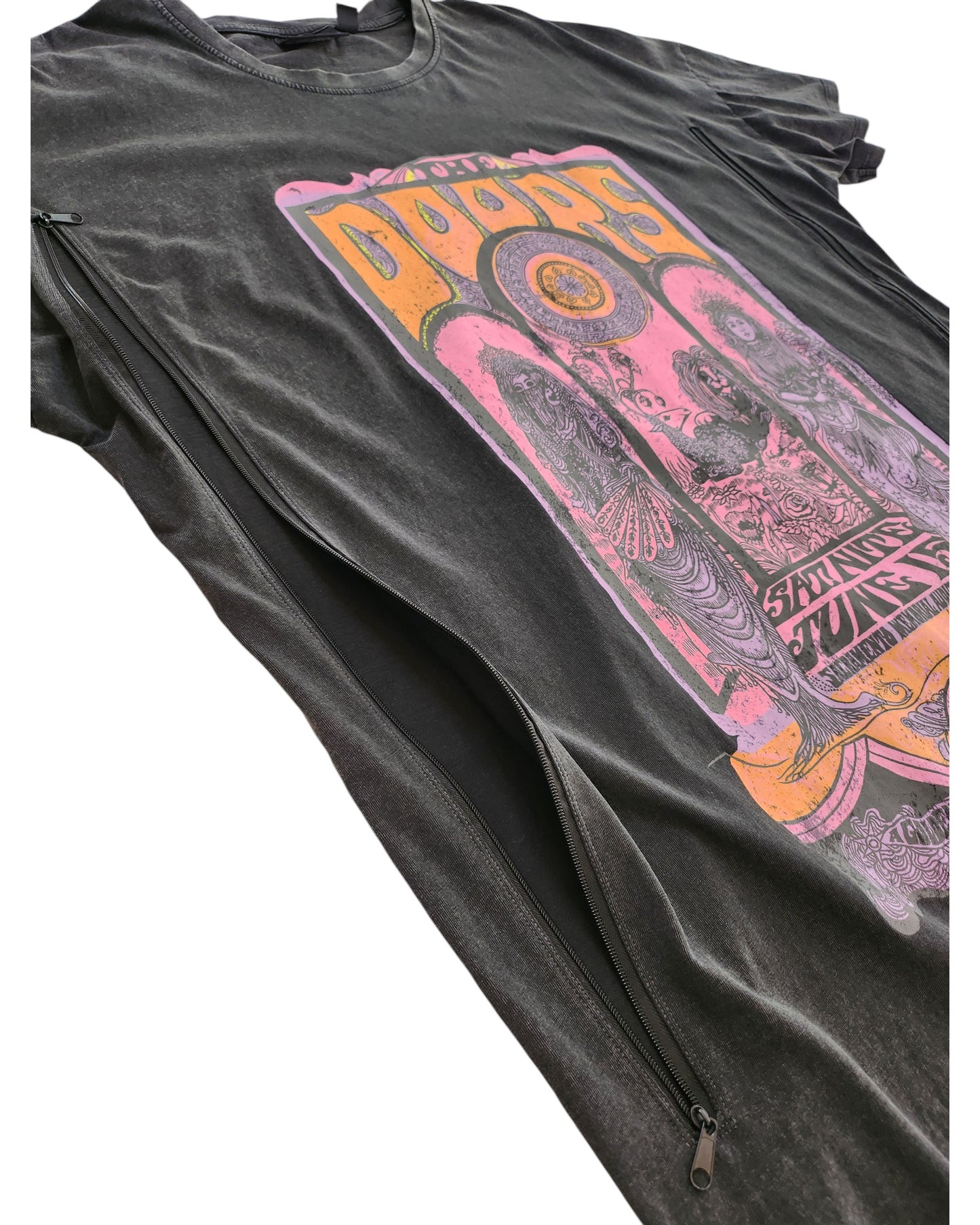 This upcycled Primark dress in size L (UK14/16) features a colorful vintage-style The Doors graphic, with a side zipper for easy breastfeeding and pumping—combining music-inspired style and nursing function.