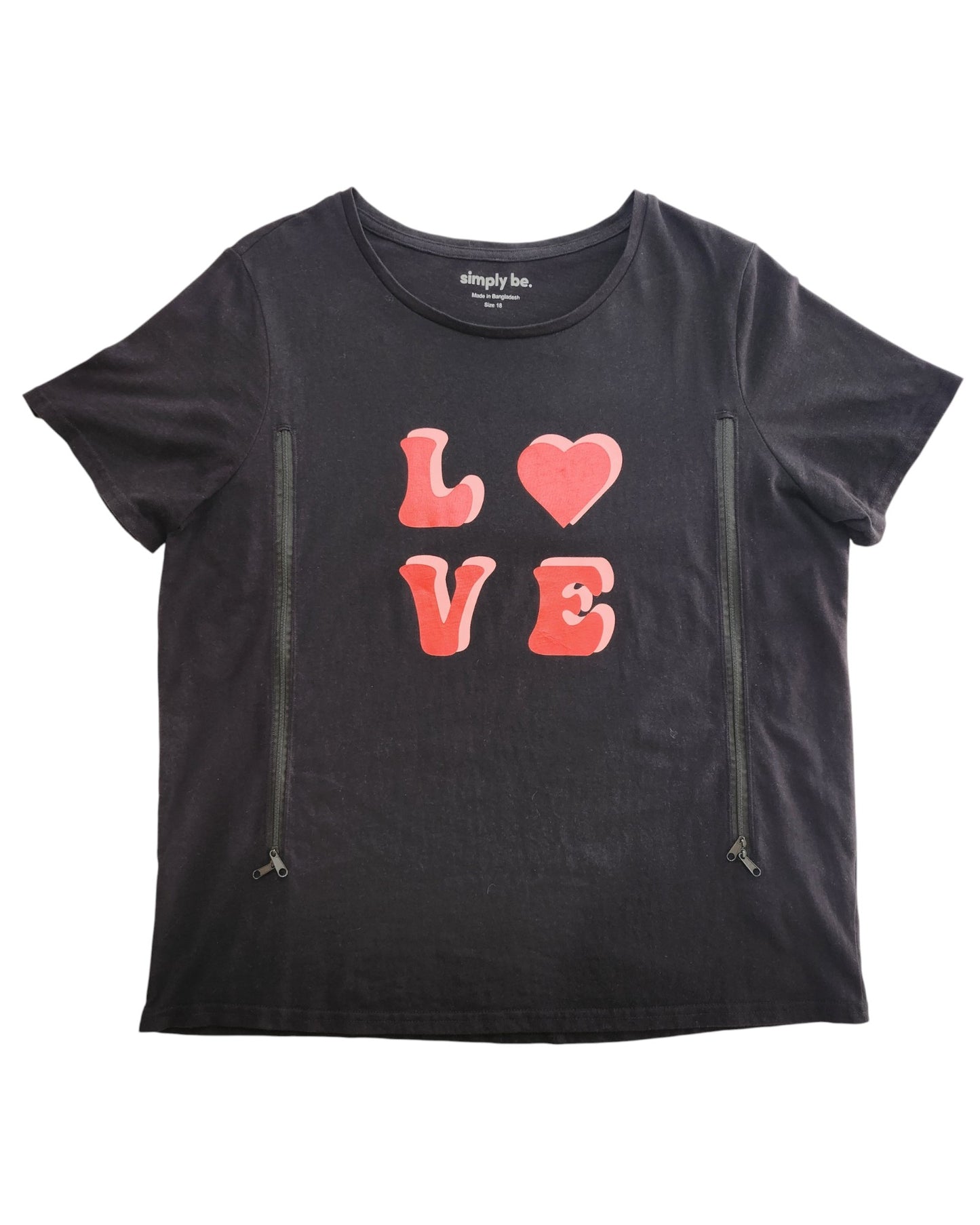 The Simply Be Upcycled Breastfeeding & Pumping Black Love t-shirt UK18 features short sleeves, bold red and pink LOVE lettering, and side zippers—an eye-catching preloved piece for stylish nursing or pumping moms.