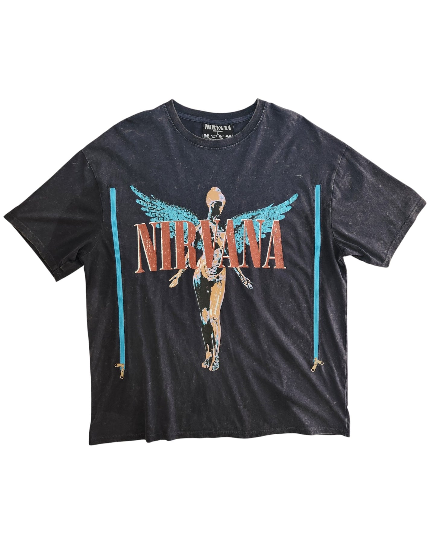 Upcycled Breastfeeding (Nursing) & Pumping Grey/Turquoise Nirvana Band t-shirt L (UK14/16)