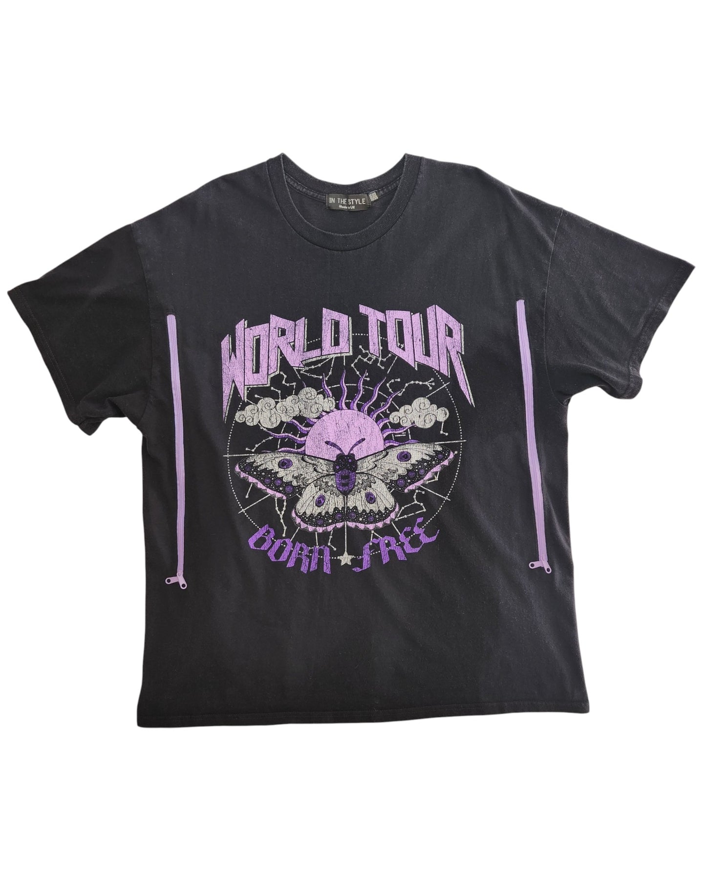 The Upcycled Breastfeeding & Pumping Black/Purple Butterfly T-shirt (UK14/16) by In the Style features bold WORLD TOUR and BORN FREE text, butterfly and barbed wire graphics, plus eco-friendly materials for conscious style.