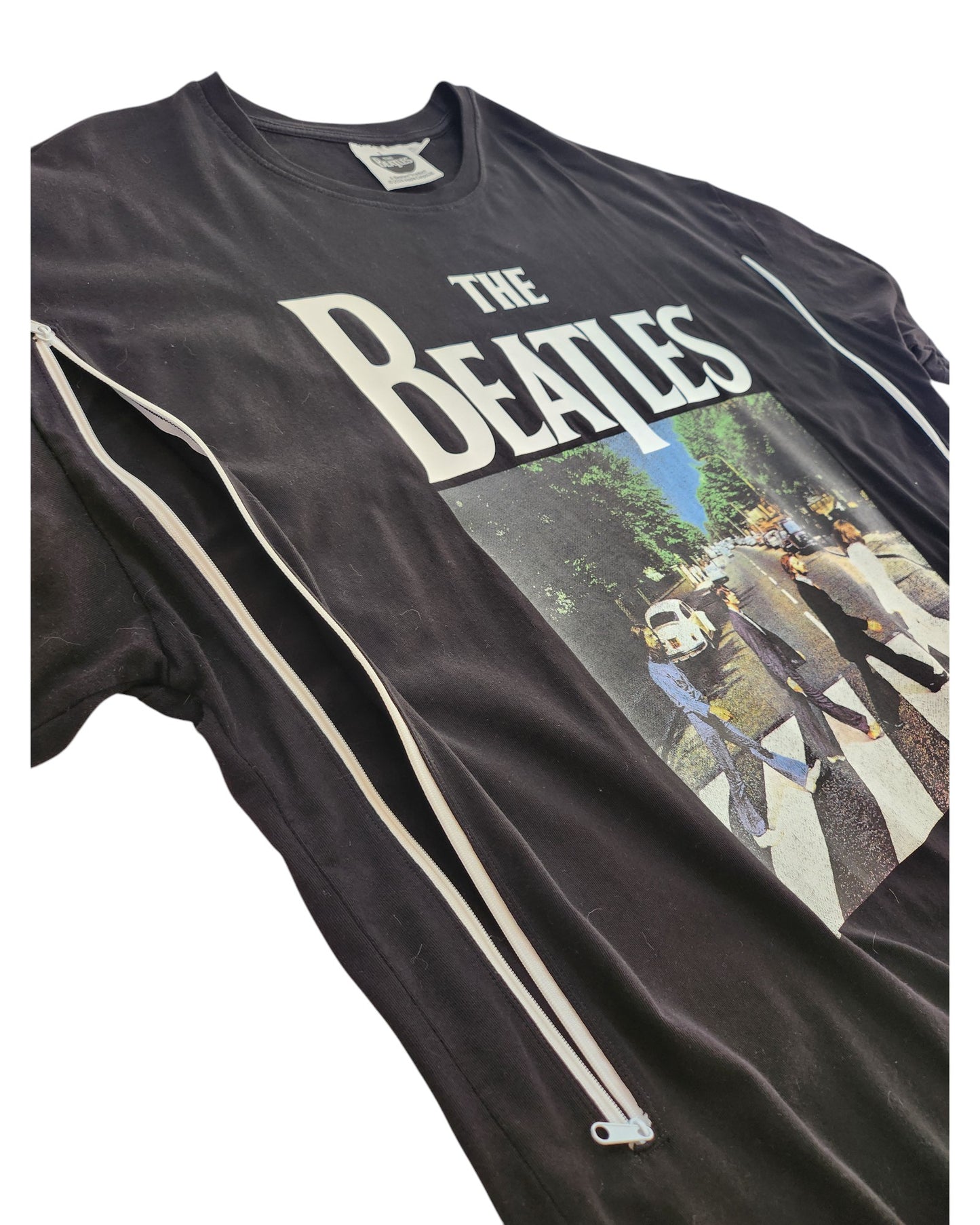 Upcycled XL Beatles breastfeeding and pumping T-shirt featuring bold Abbey Road design—perfect preloved piece for classic rock fans.