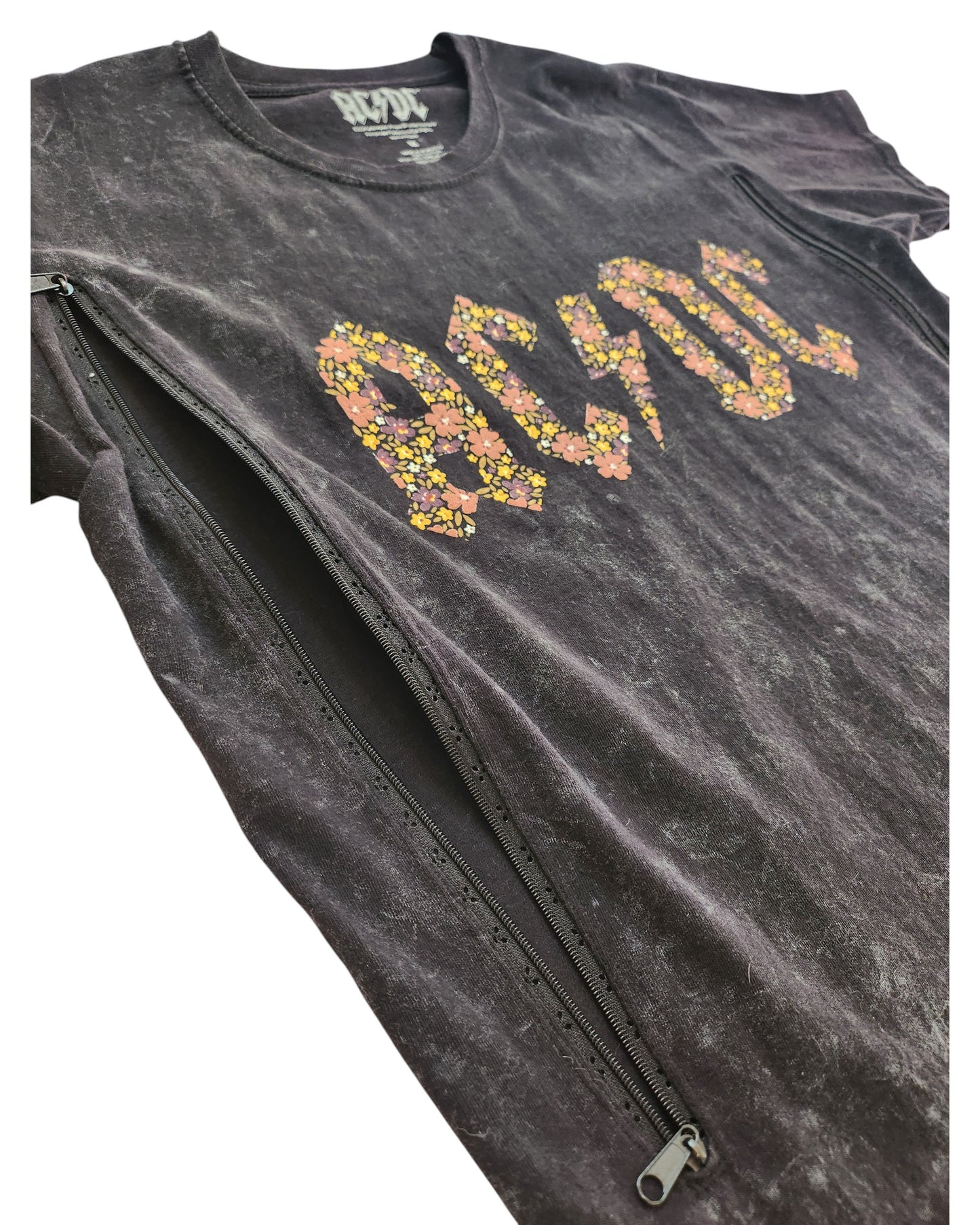 Upcycled Breastfeeding (Nursing) & Pumping Grey Floral AC/DC band t-shirt M