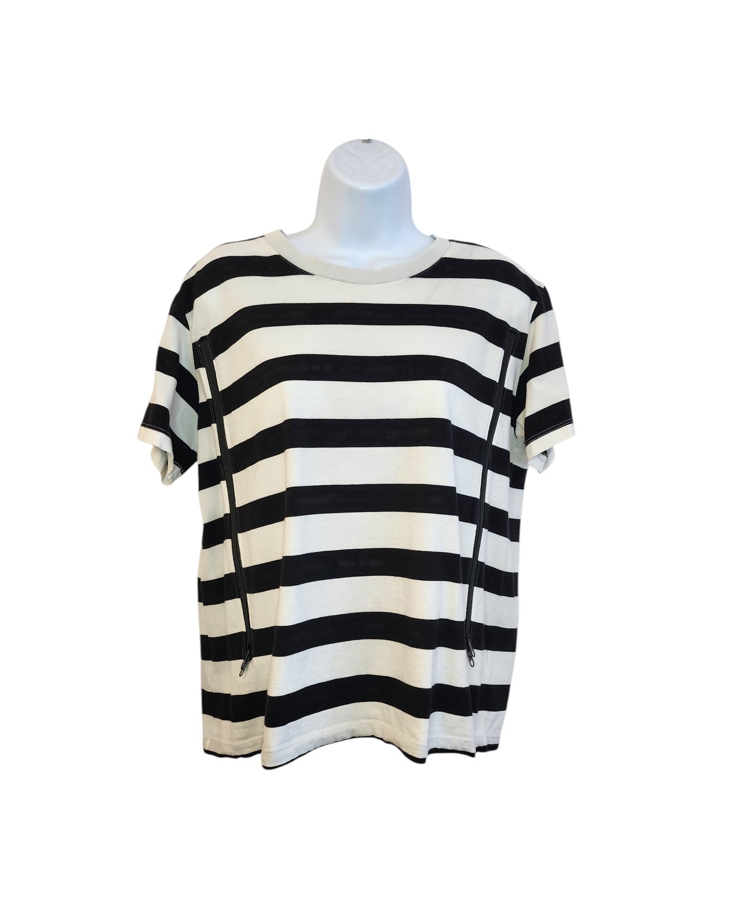 The H&M Upcycled Breastfeeding & Pumping Black/White Stripe t-shirt (size L) is shown on a mannequin torso against a white backdrop.