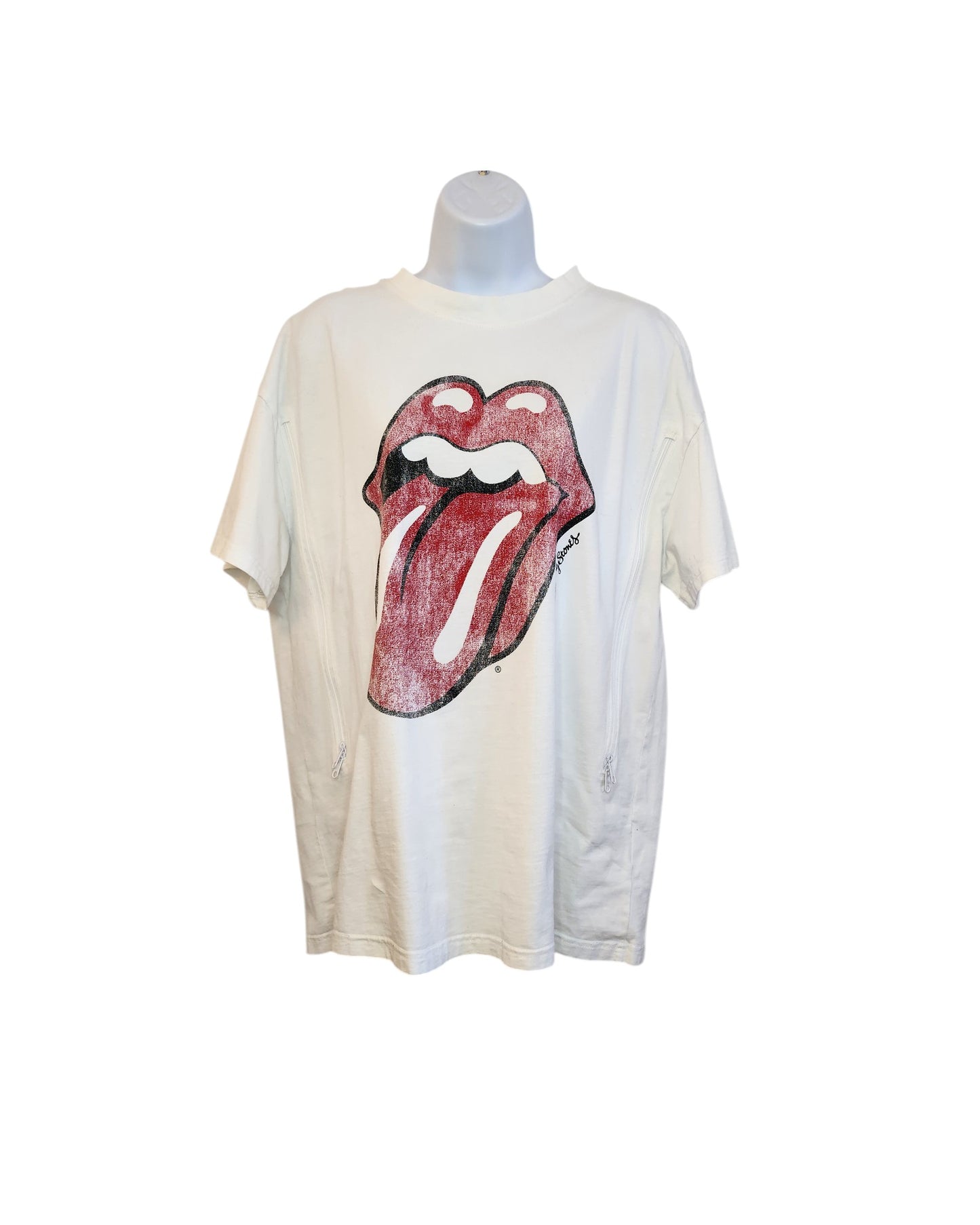 A white H&M upcycled Rolling Stones breastfeeding & pumping t-shirt (L) featuring a large red mouth graphic on the front, displayed on a mannequin torso against a plain white background.