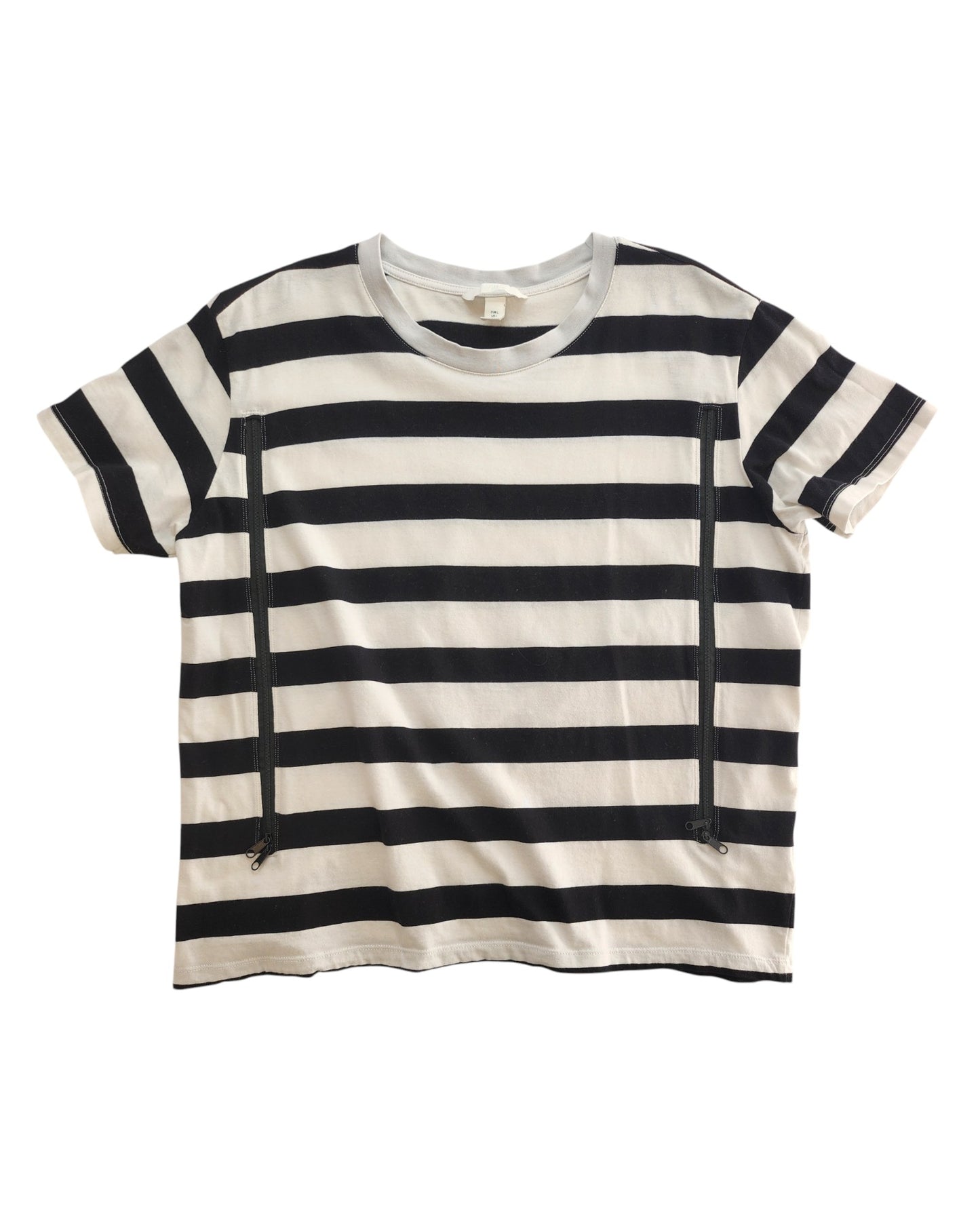 The H&M Upcycled Breastfeeding & Pumping Black/White Stripe t-shirt (L) features short sleeves, black and white horizontal stripes, and two vertical front zippers—ideal for stylish nursing.