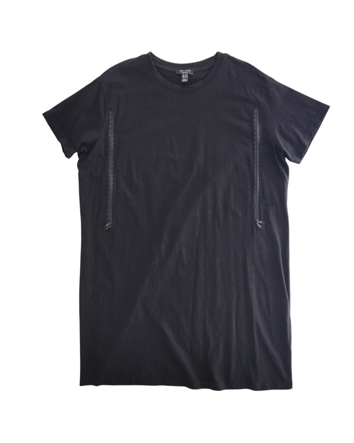 The New Look Upcycled Breastfeeding & Pumping Plain Black Midi T-shirt Dress UK22 features two vertical front zippers for convenient nursing and is displayed on a white background.