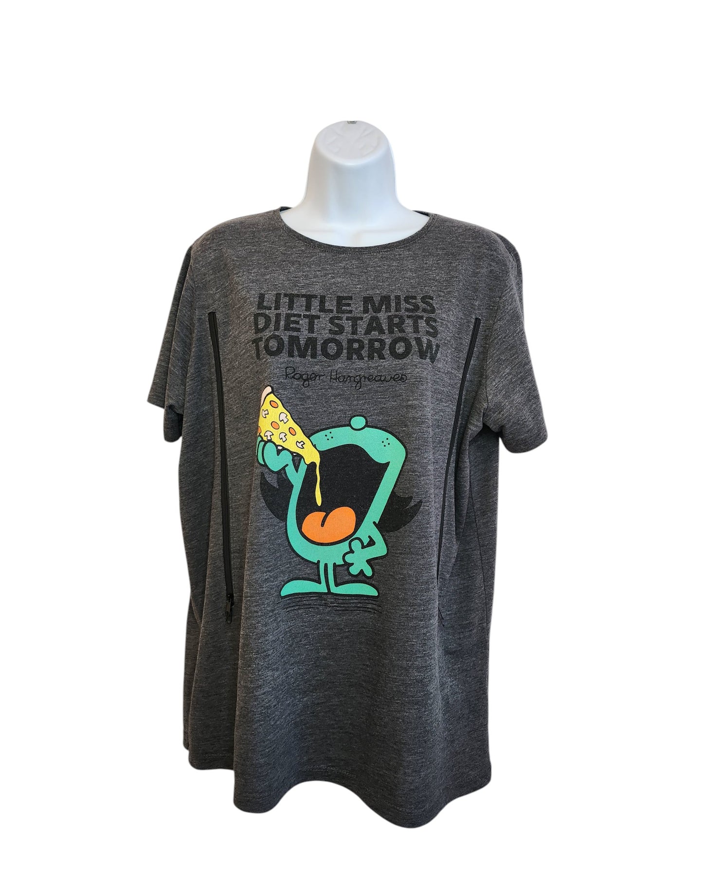 A gray Upcycled Primark Breastfeeding & Pumping Little Miss Diet t-shirt (UK18) on a mannequin shows a cartoon eating pizza with LITTLE MISS DIET STARTS TOMORROW—ideal for preloved fashion fans.