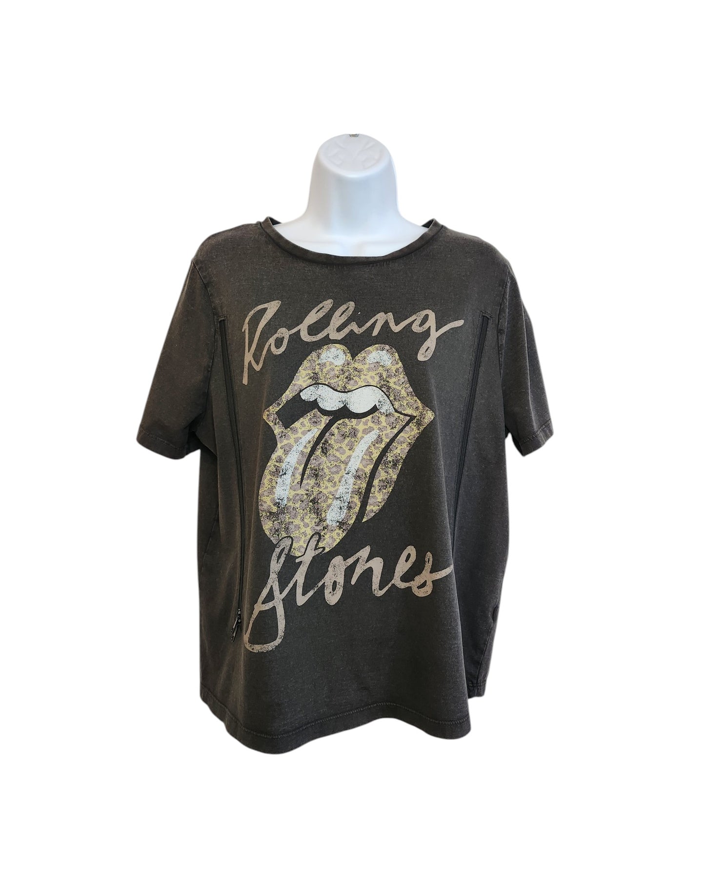 A preloved upcycled grey/brown The Rolling Stones nursing & pumping t-shirt by Tu (UK14), featuring the iconic mouth and tongue logo with “Rolling Stones” script across the front.