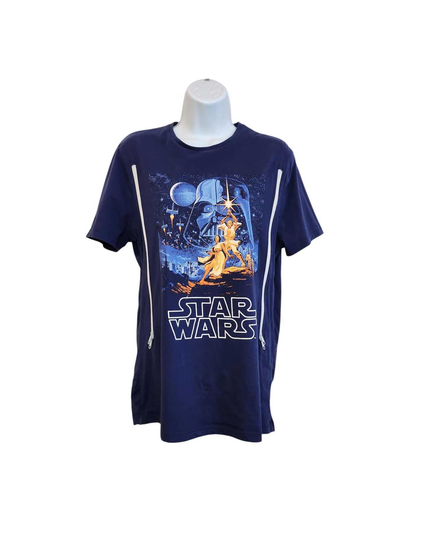 A navy blue Star Wars t-shirt by Primark, size M, designed for breastfeeding and pumping, features classic characters above the logo—crafted sustainably from upcycled materials.