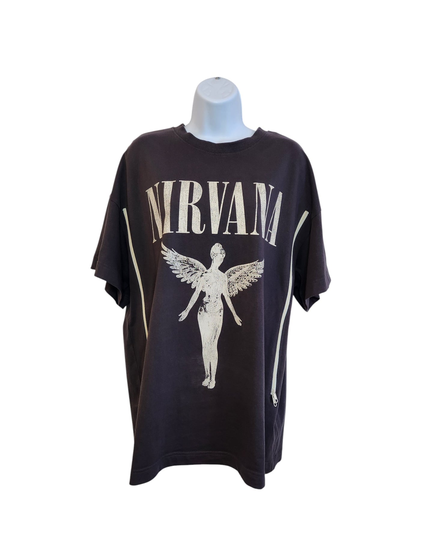 An H&M upcycled breastfeeding & pumping t-shirt in dark grey/cream, size L, displayed on a mannequin, features NIRVANA in large white letters above a white angel graphic on the front.