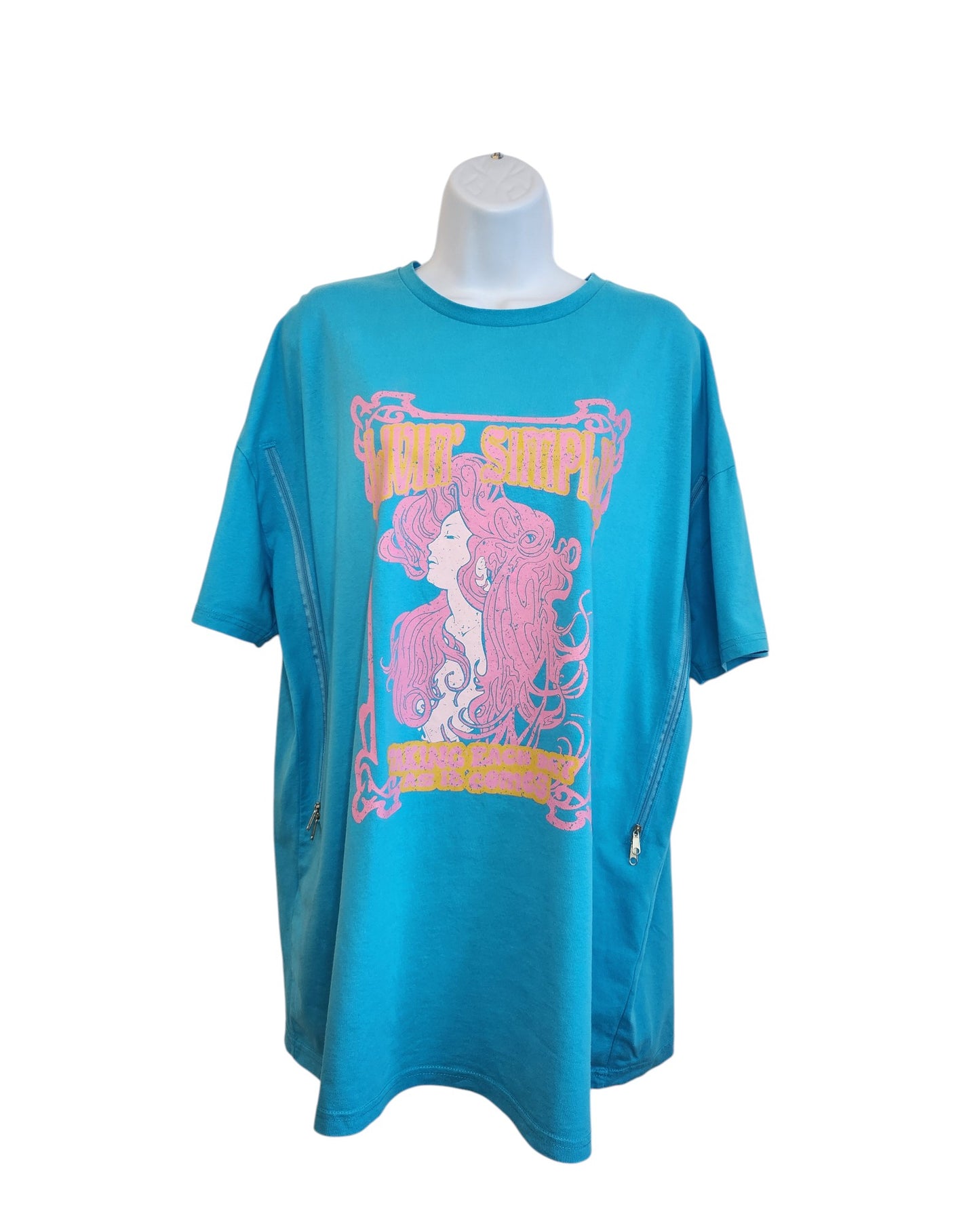 The Primark Upcycled Breastfeeding & Pumping Turquoise/Pink Girl t-shirt (M, UK12/14) features a colorful retro graphic and bold YOURSELF and KEEP CALM THE CHANGE text—perfect for unique style and sustainable fashion.