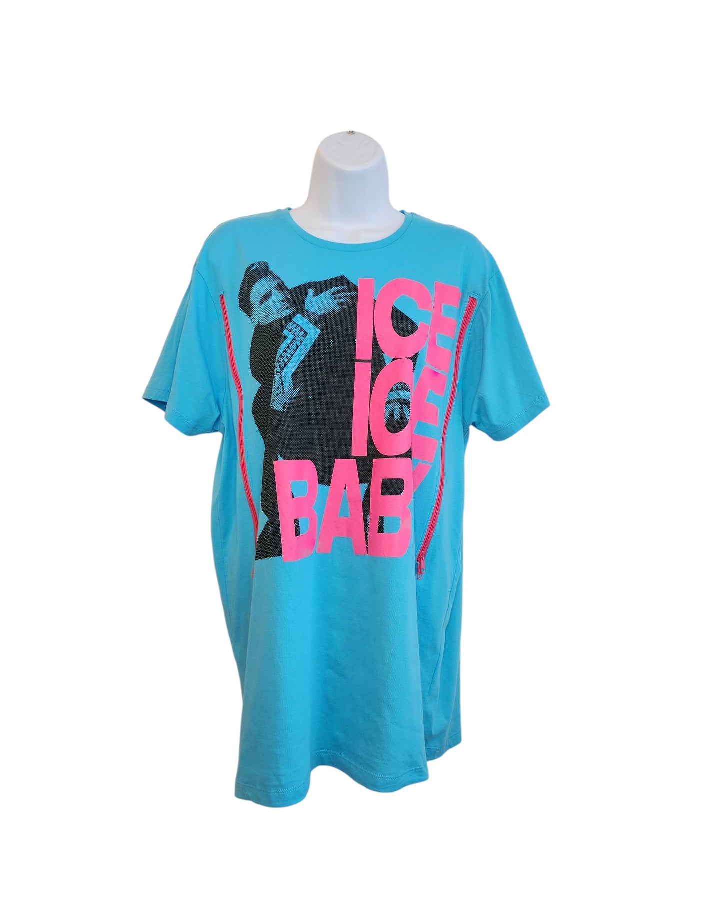 A turquoise XL Primark upcycled breastfeeding (nursing) & pumping Vanilla Ice Ice Baby t-shirt featuring a large black and white person graphic with bold pink IC 10 BAB text, shown on a white mannequin torso against a white background.