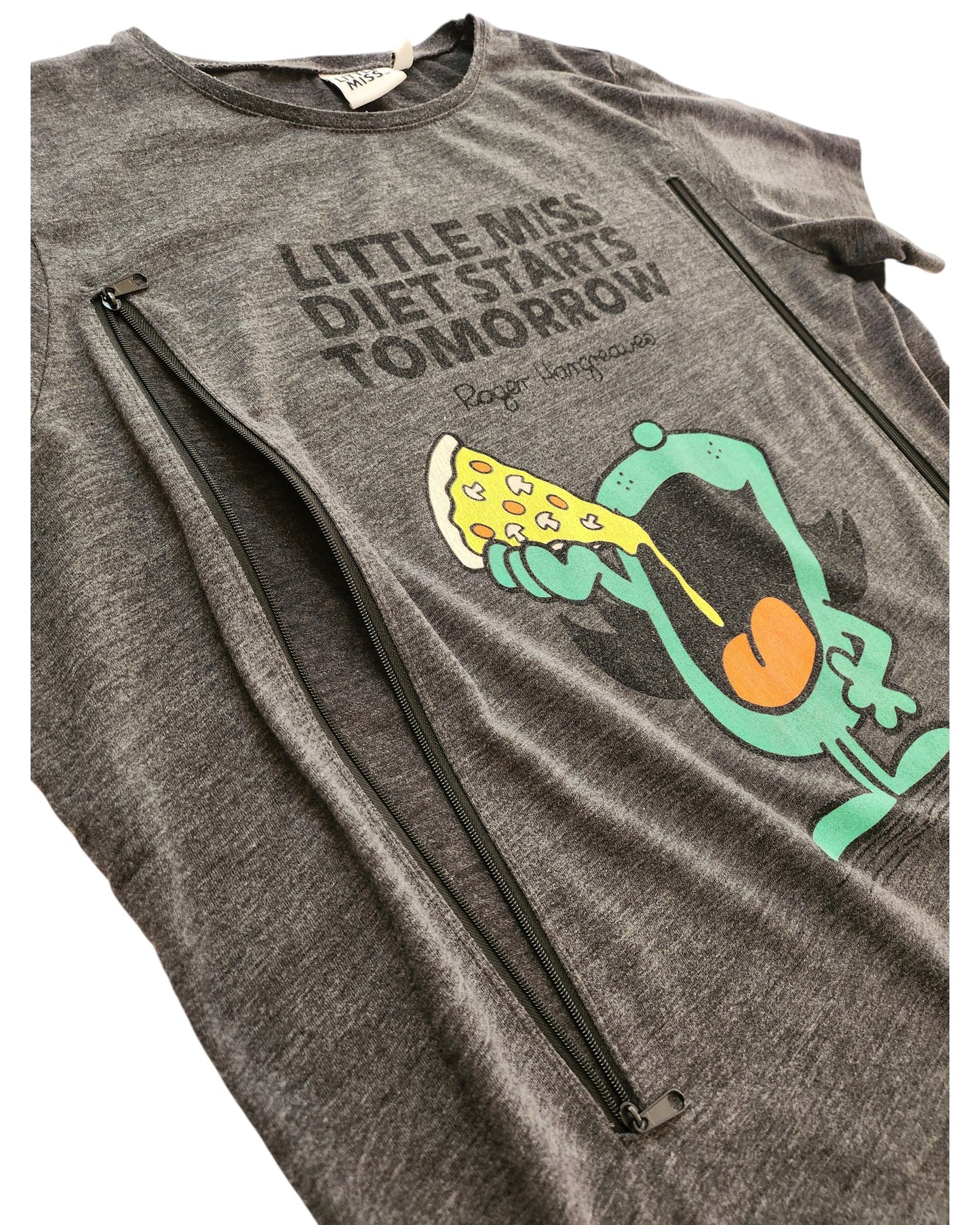The Primark Upcycled Breastfeeding & Pumping Little Miss Diet t-shirt UK18 is a grey top with two front zippers, a green cartoon character eating pizza, and the text: LITTLE MISS DIET STARTS TOMORROW Roger temperama.