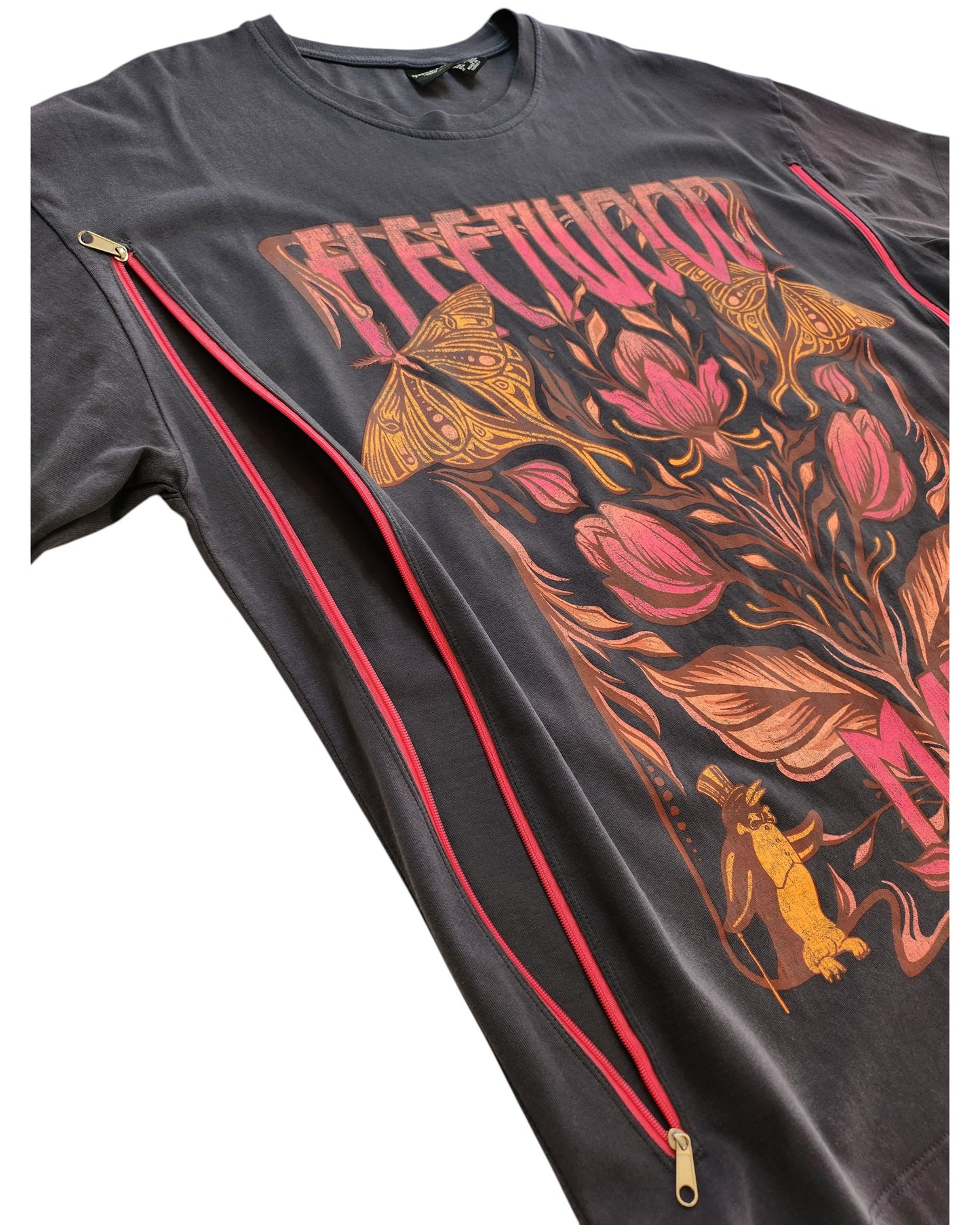 Primark Upcycled Breastfeeding & Pumping Dark Grey Floral Fleetwood Mac t-shirt (L/UK14/16): features colorful flowers, moths, a cat, and two diagonal red zippers for easy nursing—unique upcycled style.