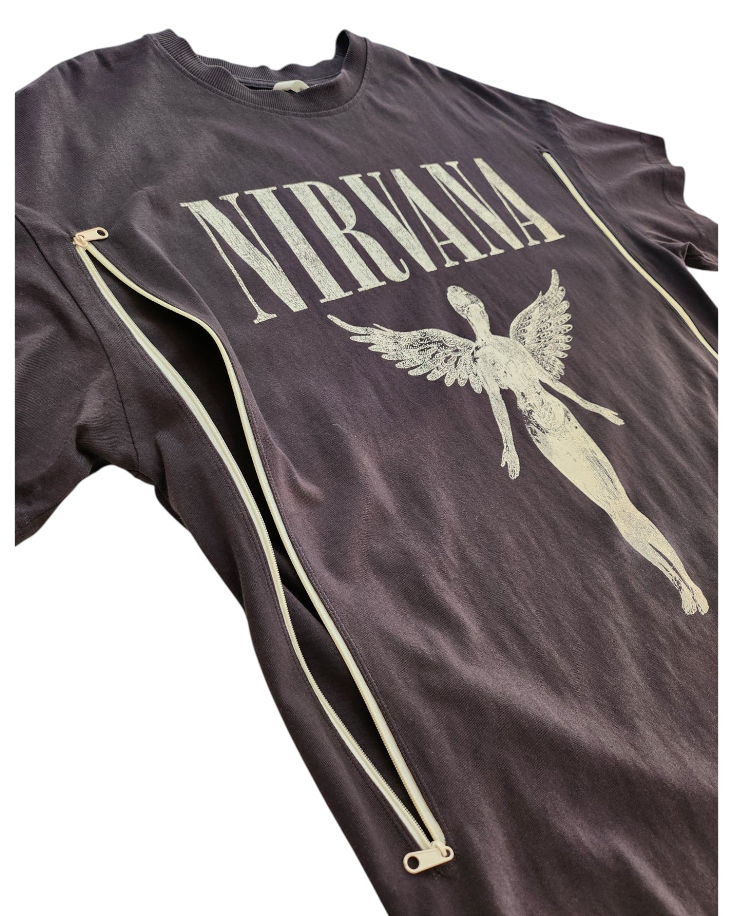 An upcycled H&M Nursing & Pumping t-shirt in dark grey/cream, size L, with a Nirvana angel graphic and side zippers—perfect for a unique and edgy style.