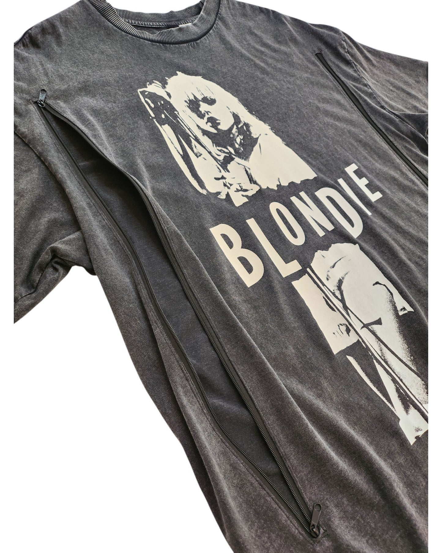 The H&M Upcycled Breastfeeding & Pumping Grey Blondie Oversized T-shirt (XS) features a white woman graphic and bold BLONDIE text—perfect for nursing moms or fans of upcycled fashion.