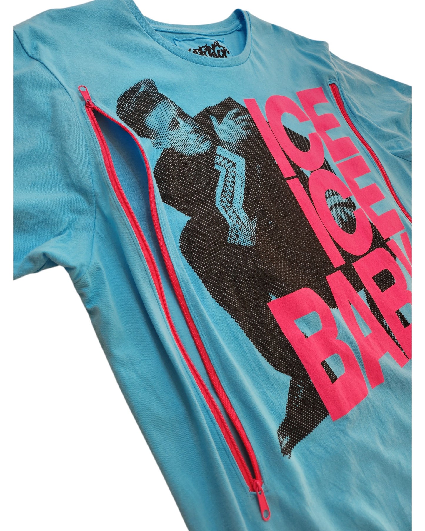 The Primark Upcycled Breastfeeding & Pumping Vanilla Ice Ice Baby t-shirt XL features a person graphic, bold pink ICE ICE BABY text, and two diagonal pink zippers for easy nursing or a stylish touch.
