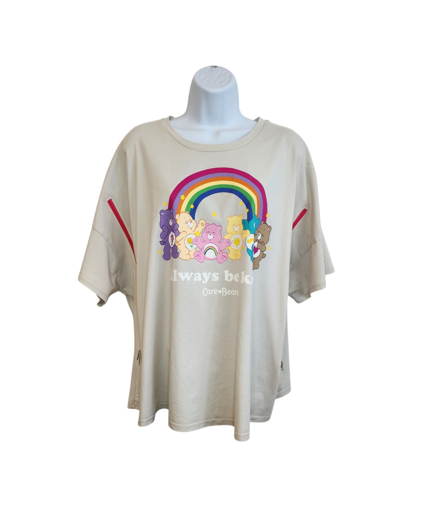 The George Upcycled Breastfeeding & Pumping Cream Care Bears T-shirt UK22 features colorful Care Bears under a rainbow with “Always be CareBear,” red sleeve stripes, and is part of our eco-friendly fashion collection. Displayed on a mannequin torso.